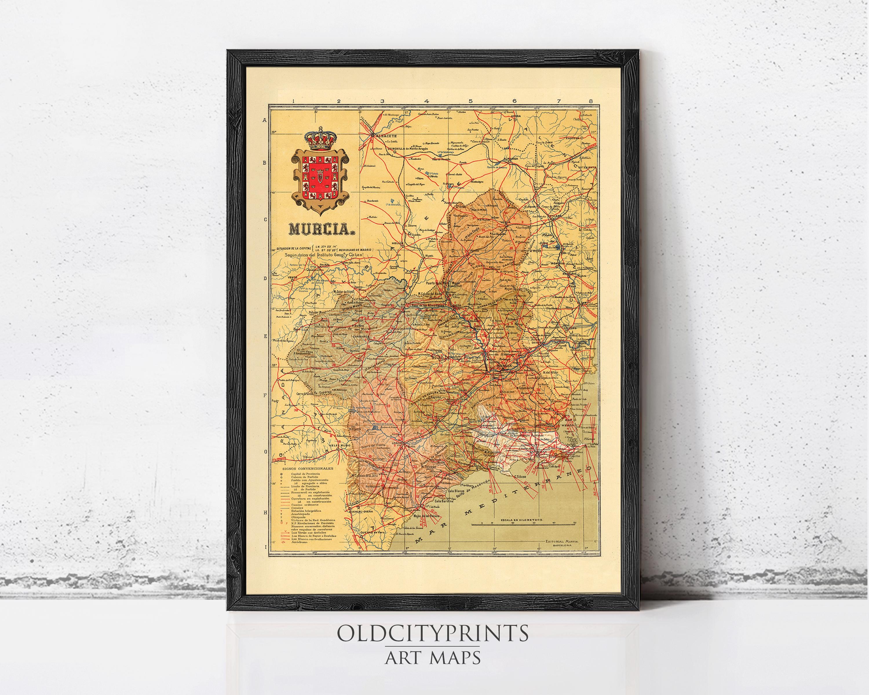 The image is a framed vintage map of Murcia, Spain, with a black border and yellow background.