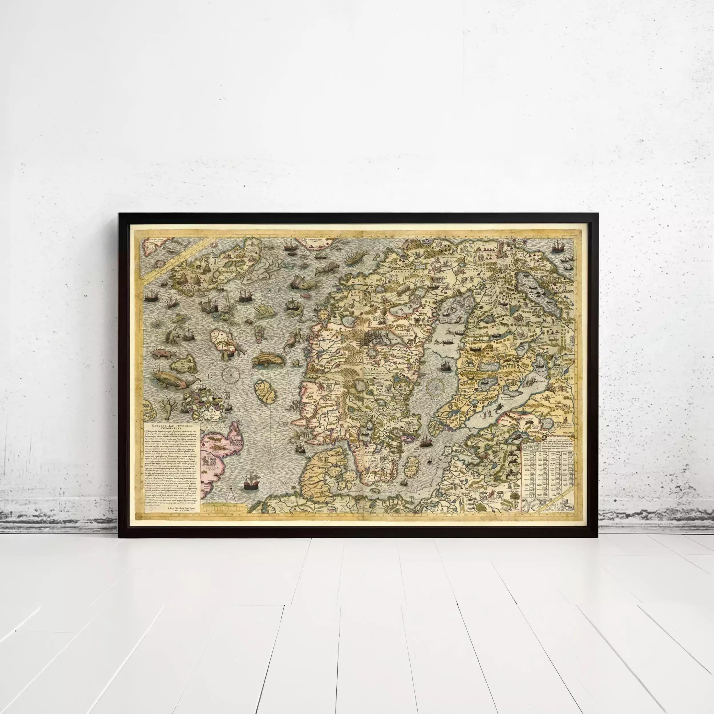 The image is a framed vintage map of a coastal area, featuring various landmarks and geographical features.