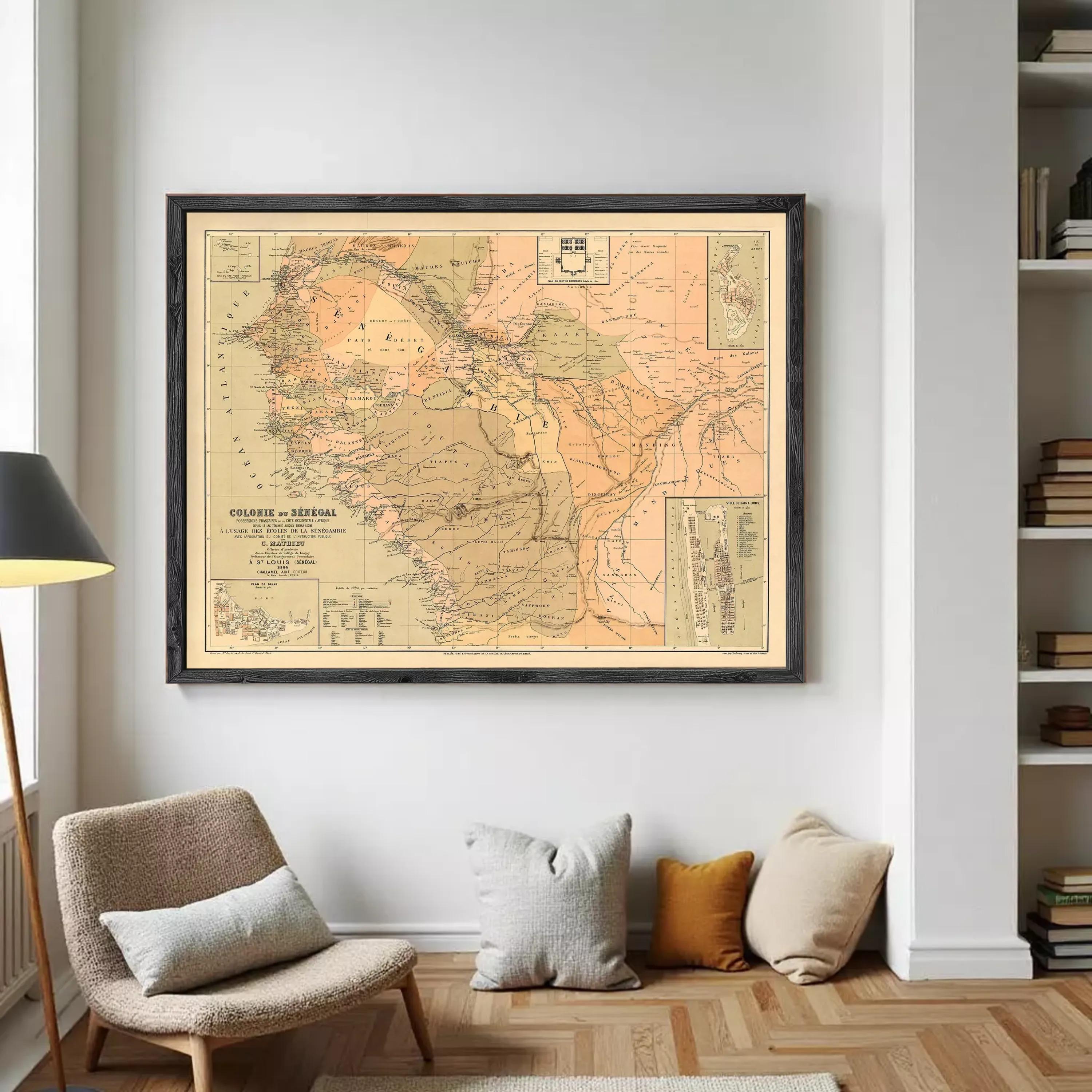 The image is a framed vintage map of South America, depicting the region in a detailed and colorful manner.