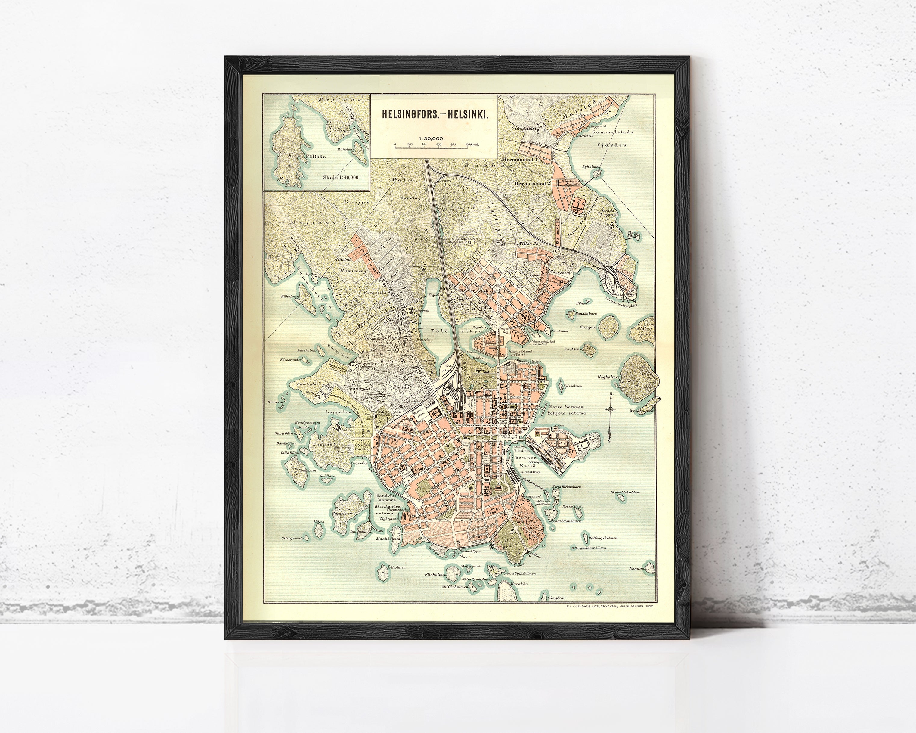 The image is a framed map of Melbourne, Australia, showing the city's streets, landmarks, and surrounding areas.