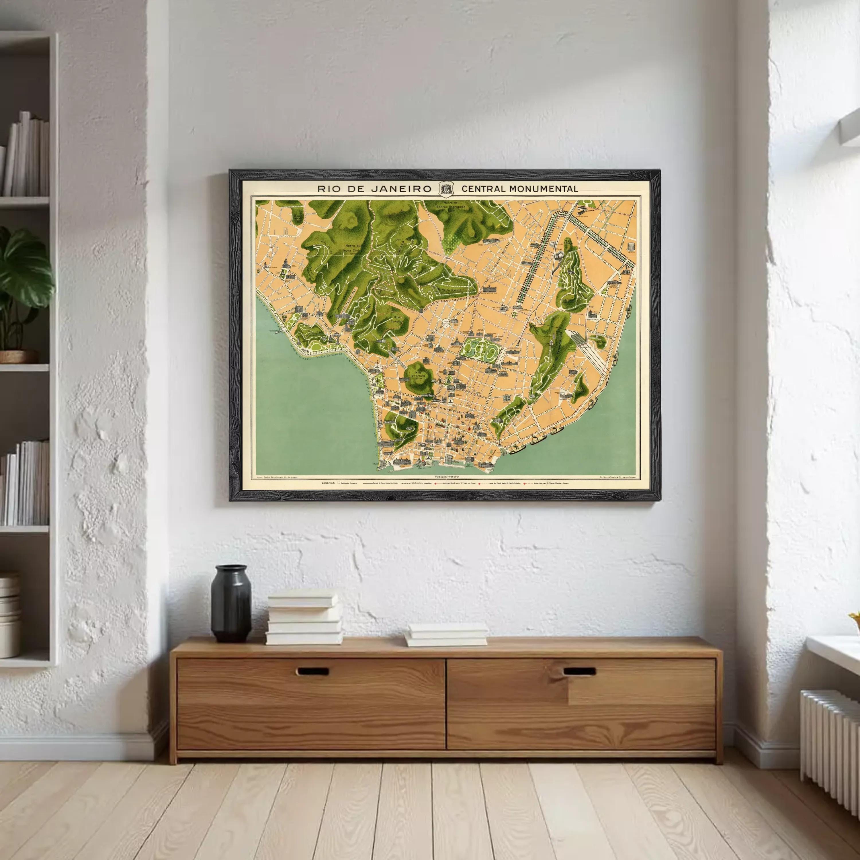 The image is a framed map of Rio de Janeiro, Brazil, depicting the city's central monument.