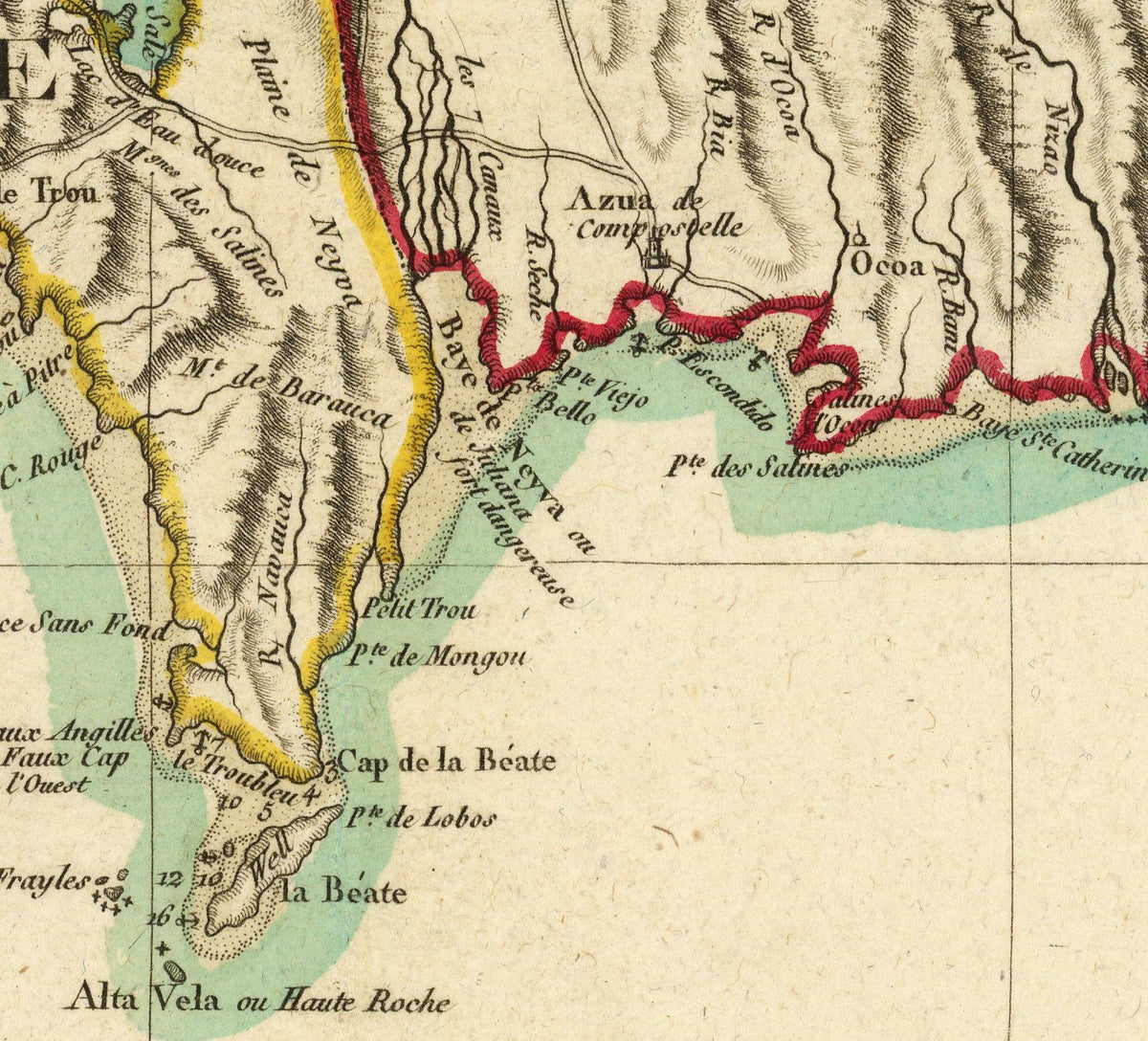 The image is a historical map showing geographical features and locations, including mountains, rivers, and coastal areas.