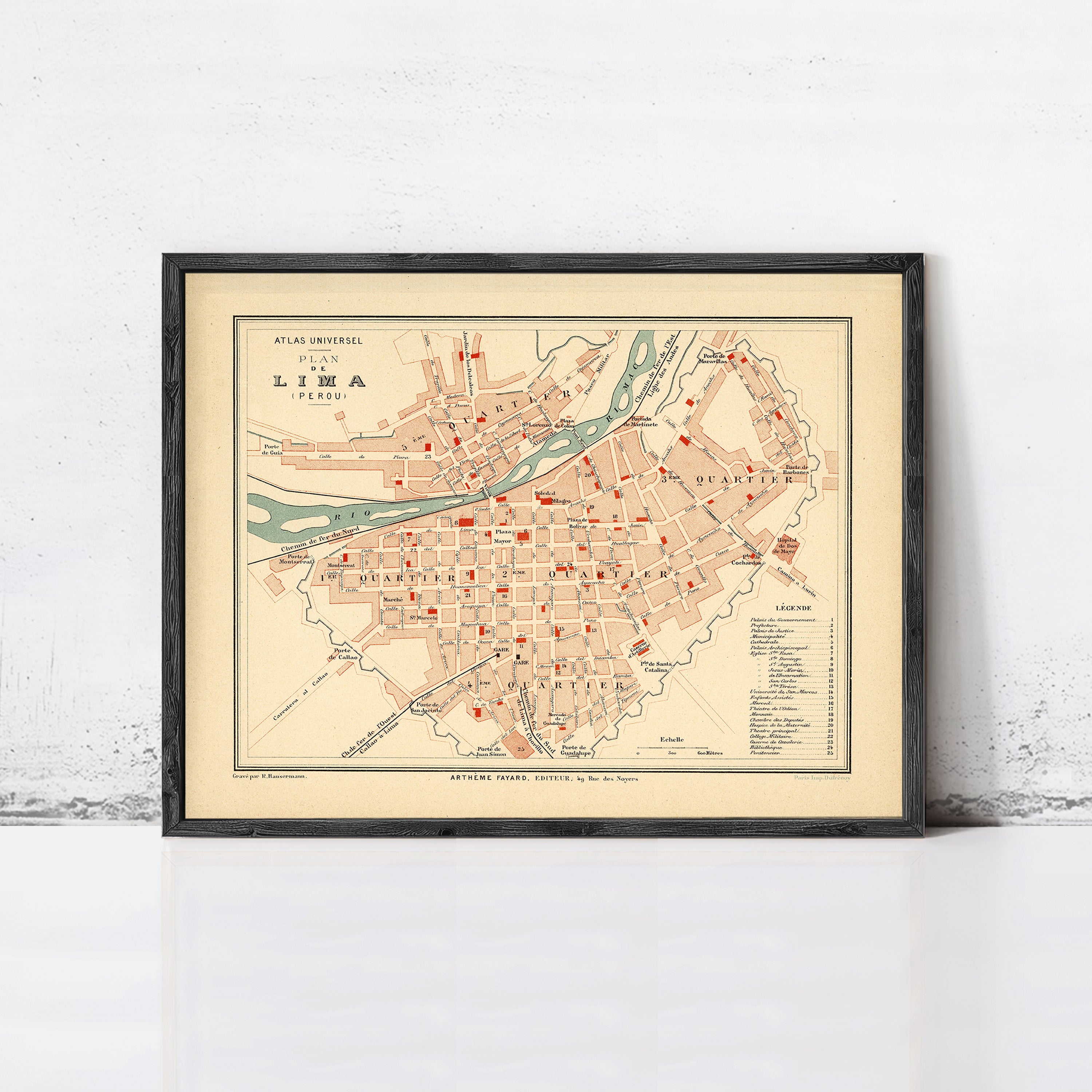 The image is a framed vintage map of Lima, Peru, depicting the city's layout and surrounding areas.