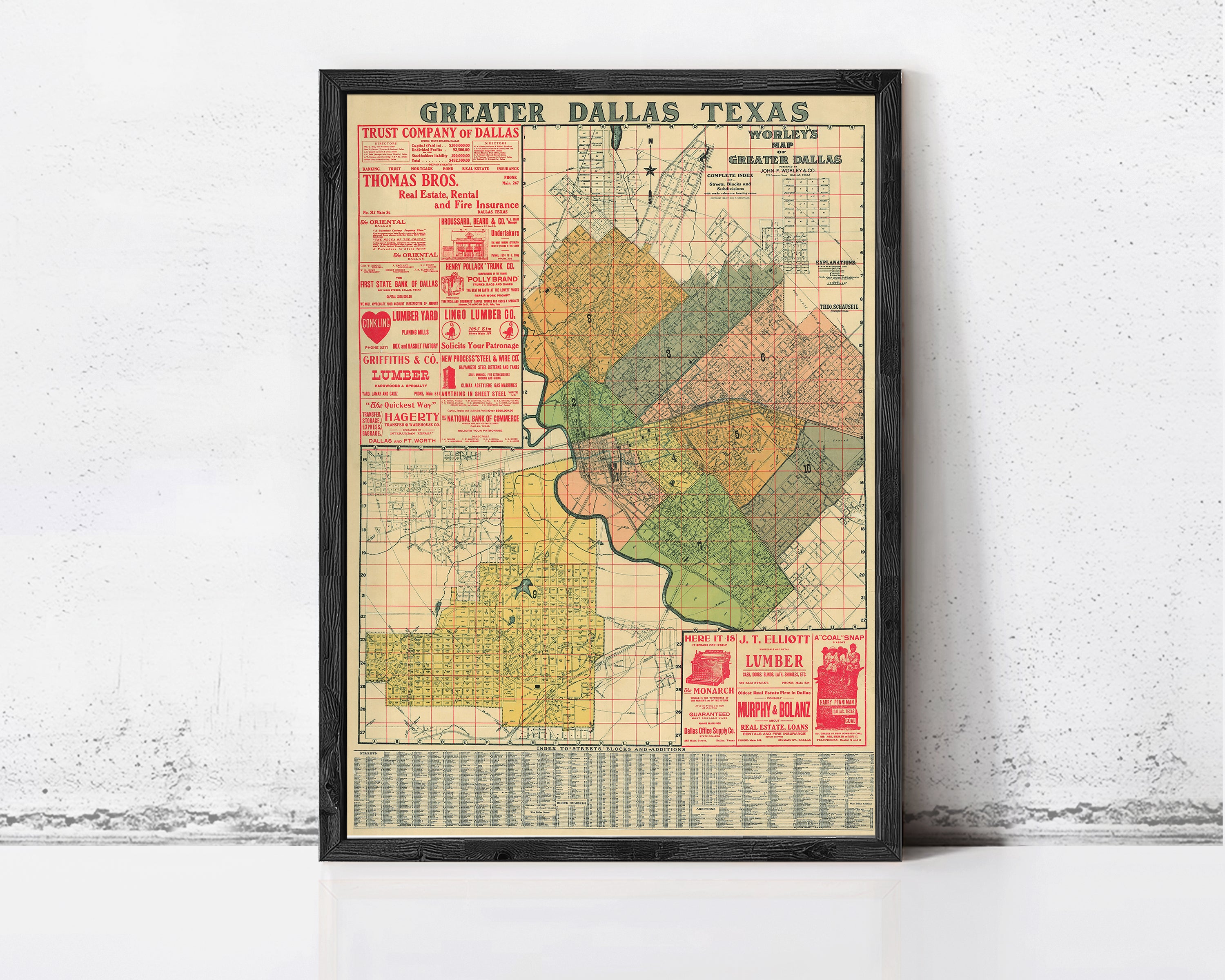 The image is a framed map of Greater Dallas, Texas, showing the city's boundaries and surrounding areas.