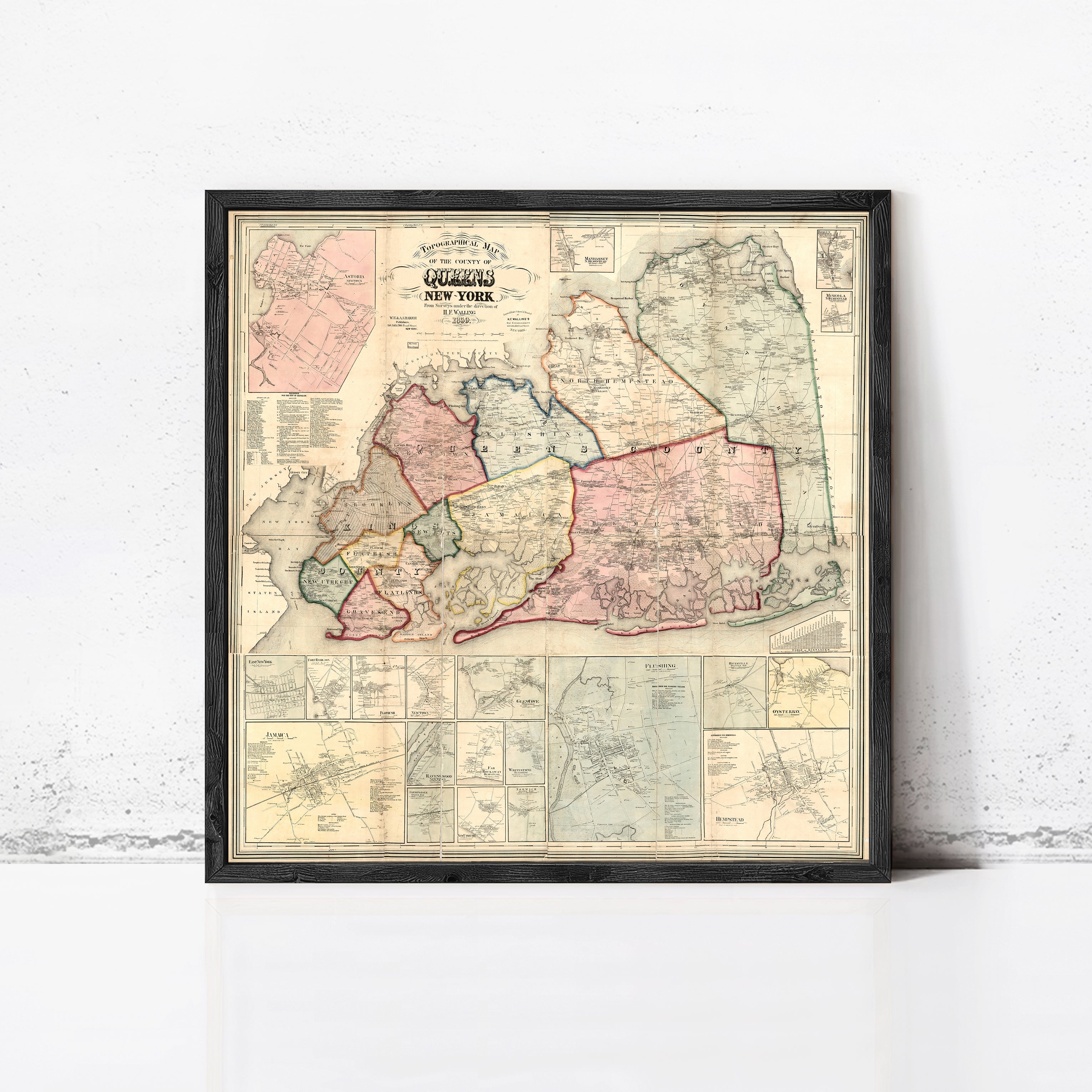 The image is a framed vintage map of New York, depicting the state in a detailed and colorful manner.