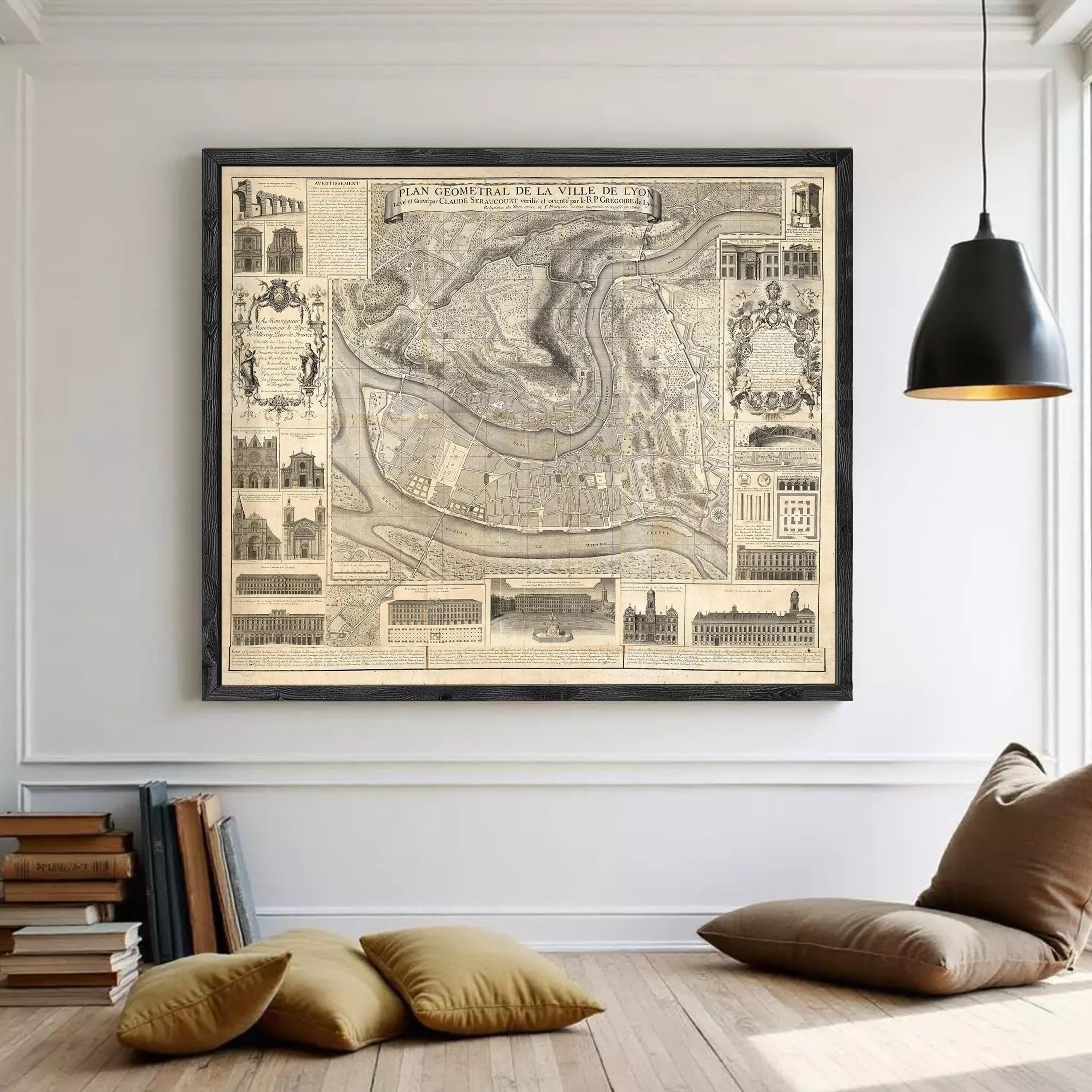 The image is a framed antique map of Paris, France, depicting the city's layout and surrounding areas.