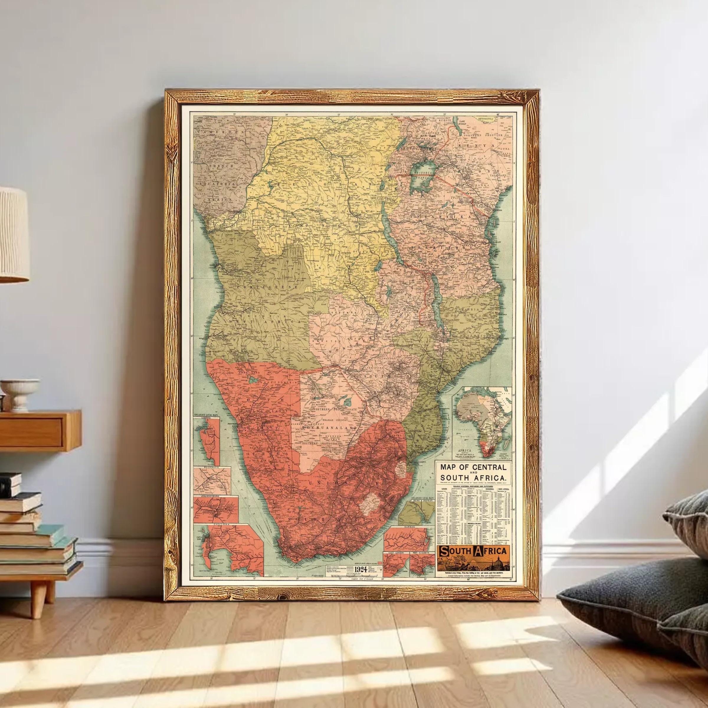 The image is a framed map of South Africa, depicting the country's geographical layout and boundaries.