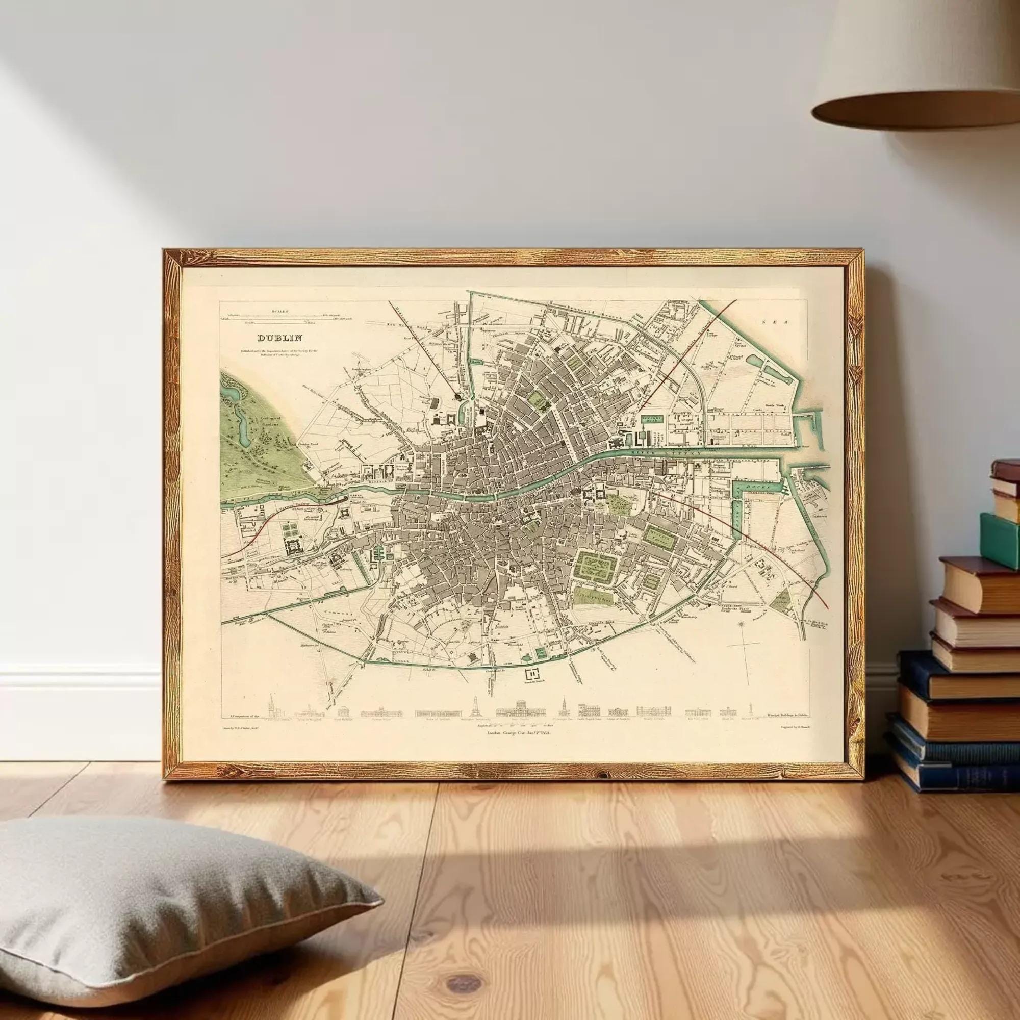 a large framed map of Dublin, Ireland, displayed on a wooden floor.