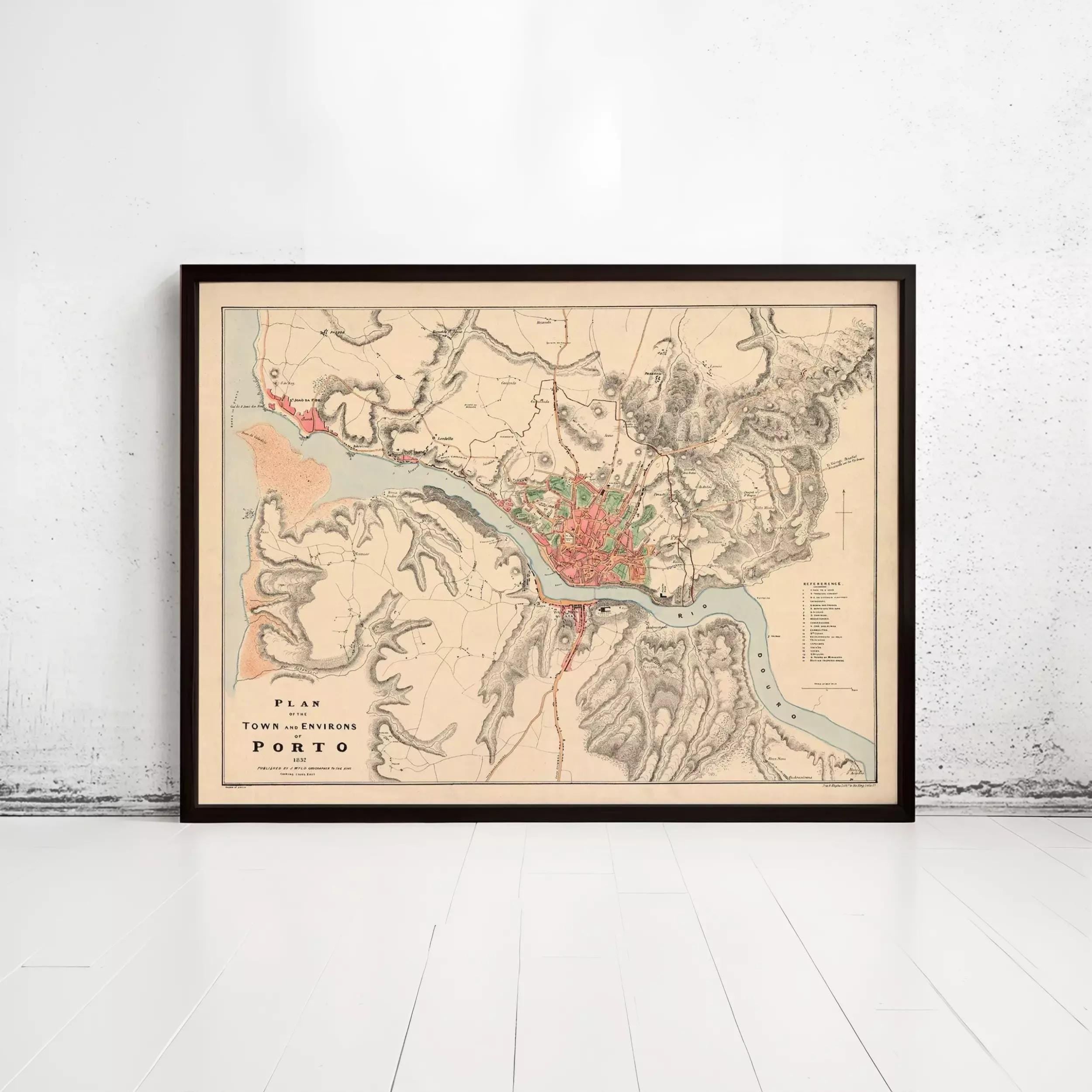 The image is a framed vintage map of the town of Porto, Portugal, depicting the surrounding landscape and waterways.
