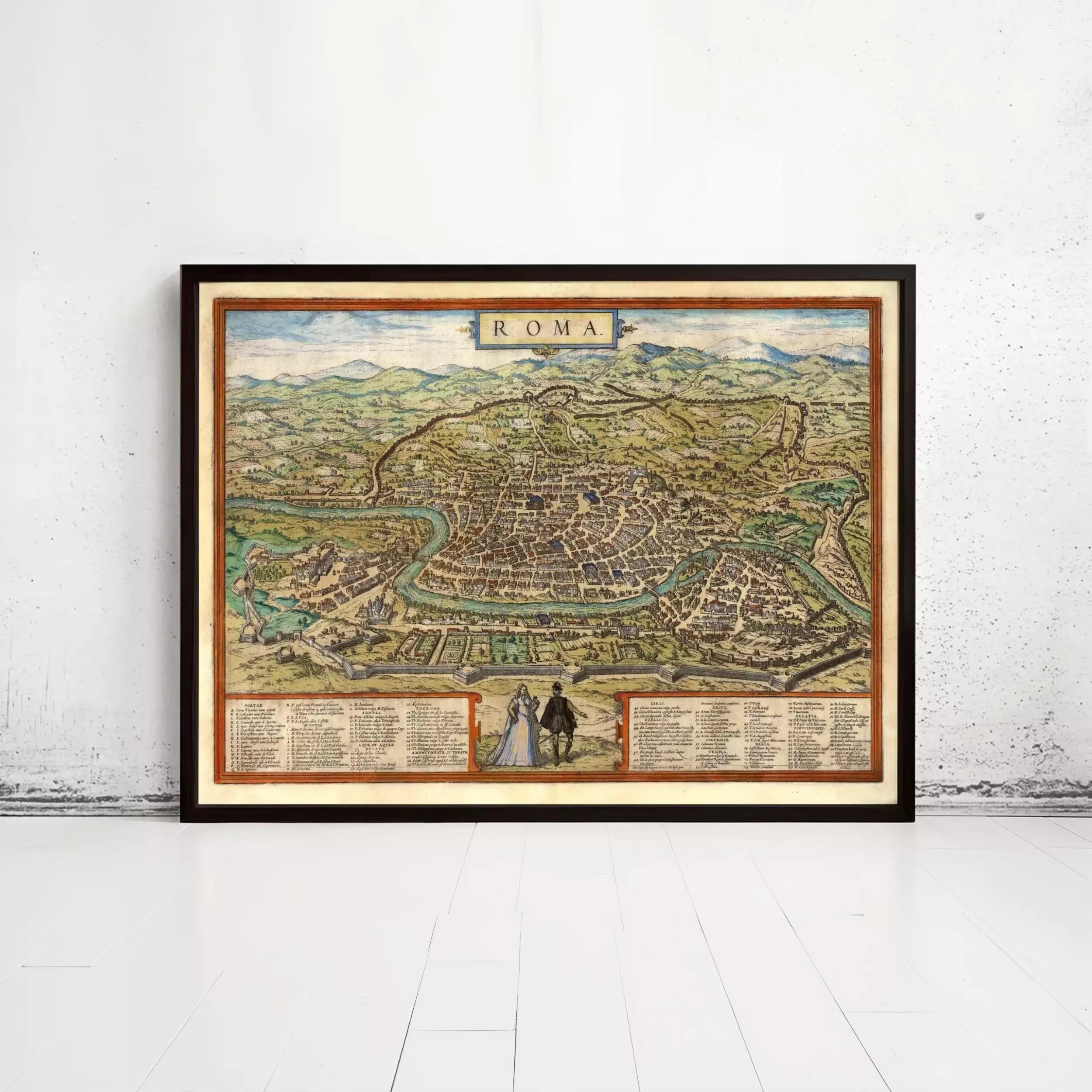 The image is a framed map of Rome, Italy, depicting the city's layout and surrounding areas.