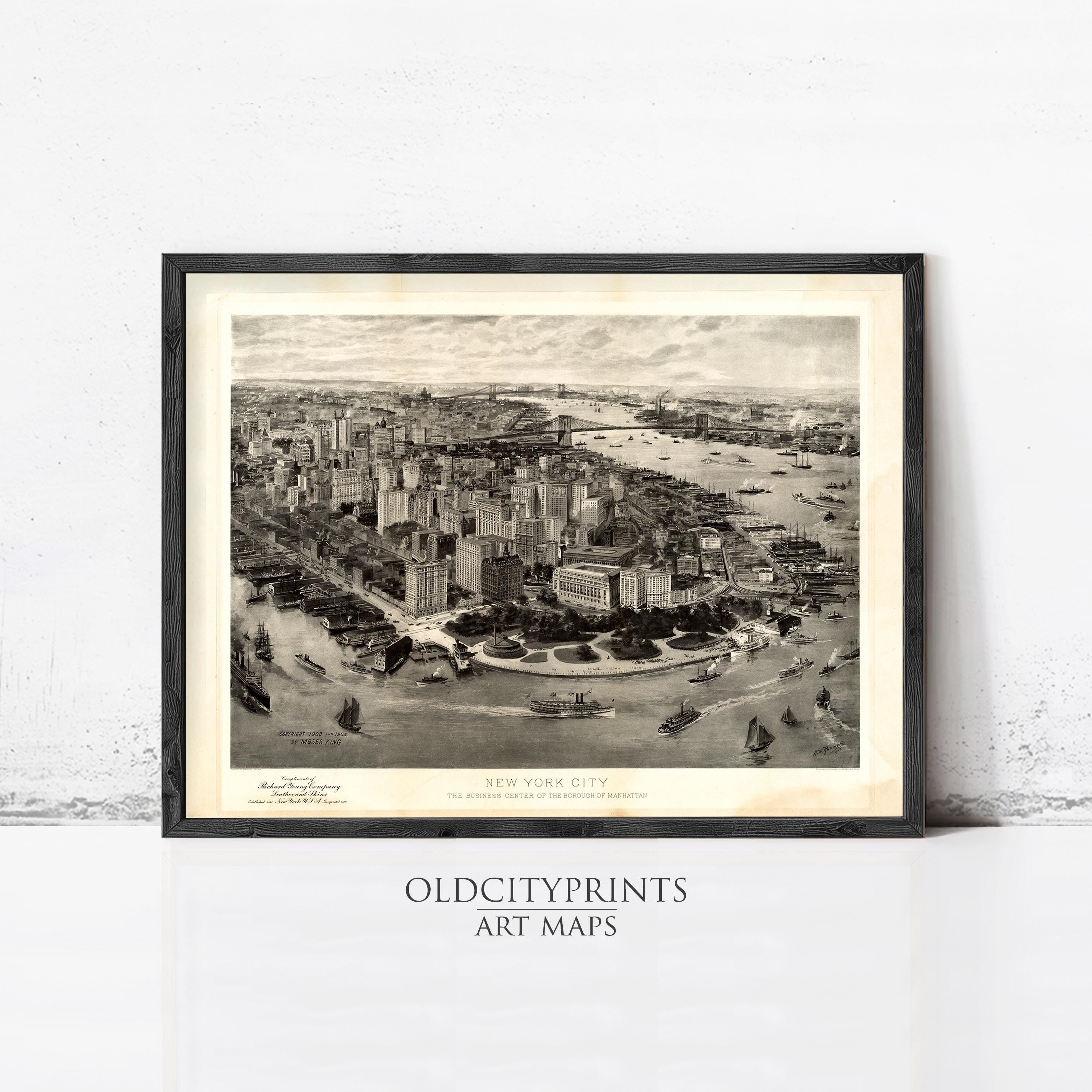 The image is a framed vintage map of New York City, depicting the cityscape and waterways.
