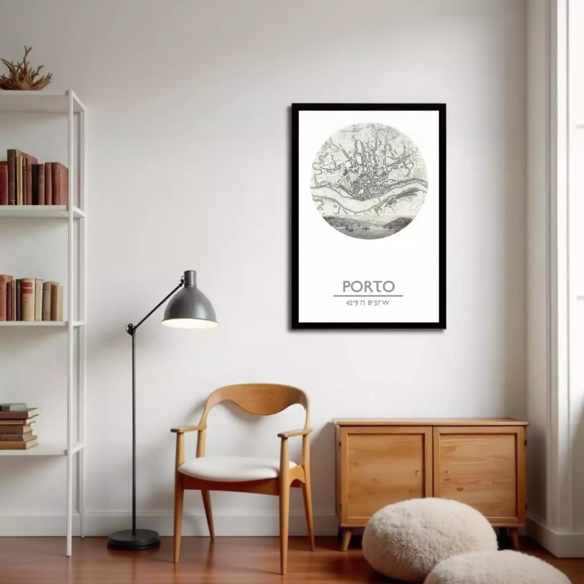 A framed map of the city of Porto, Portugal, with a river and surrounding landscape visible.
