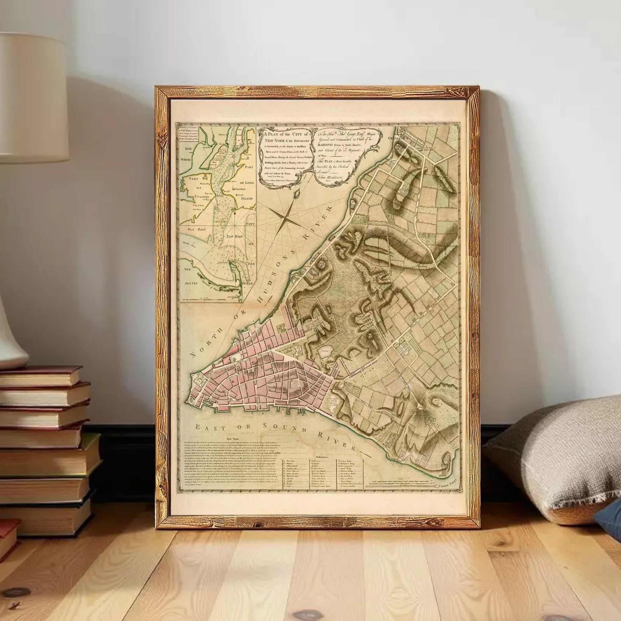 The image is a framed historical map of the city of New York, depicting the city's layout and surrounding areas.
