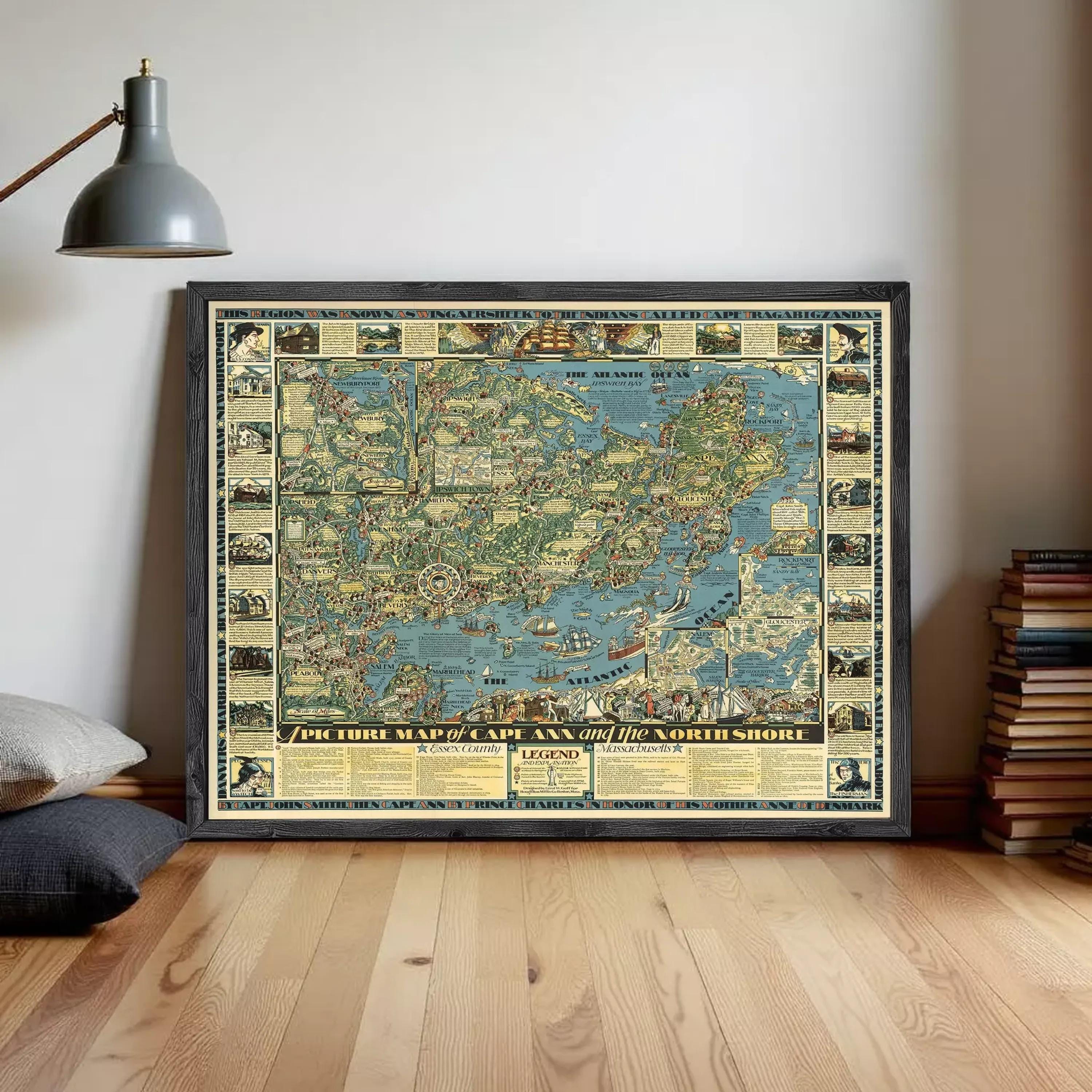 The image is a framed vintage map of the world, depicting various landmarks and locations.