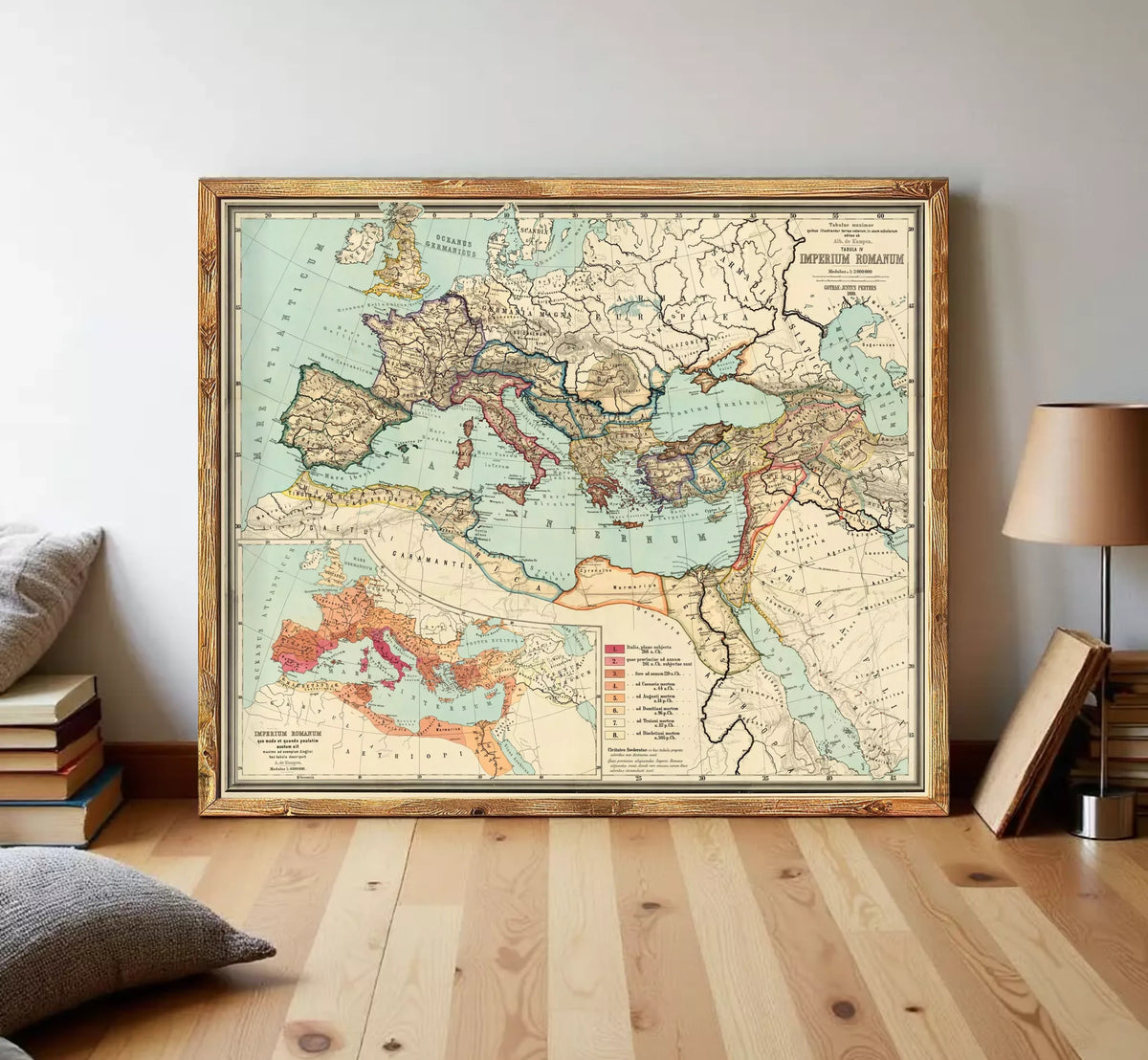 The image is a framed vintage map of Europe and the Middle East, depicting the Roman Empire and the Byzantine Empire.