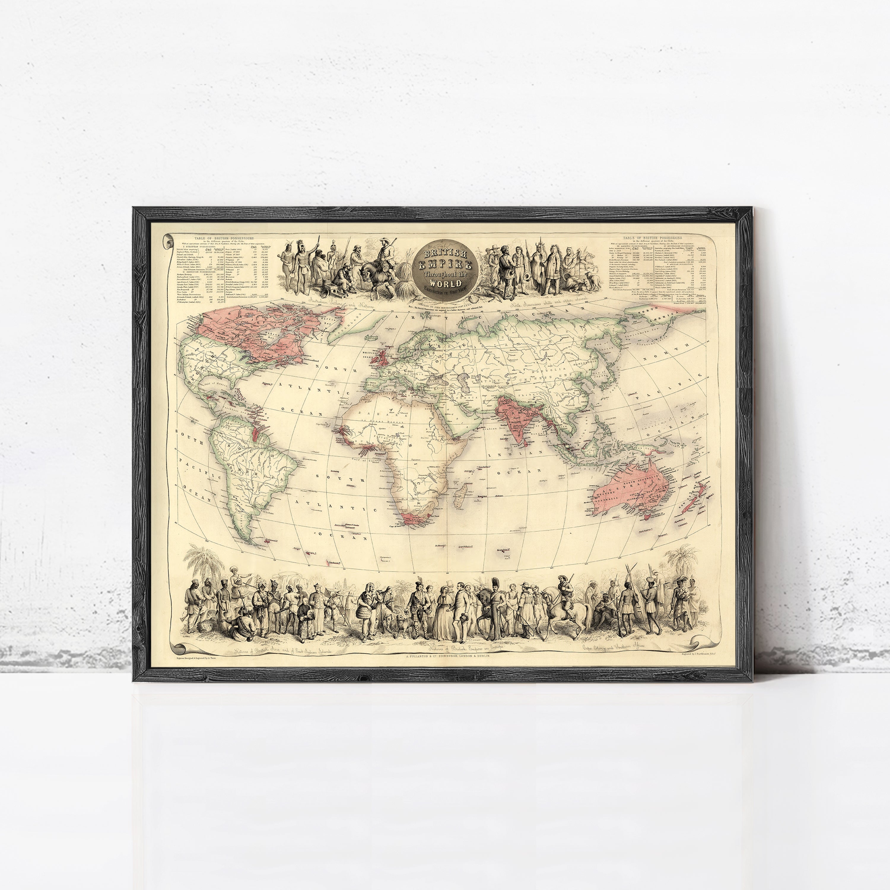 The image is a framed vintage map of the world, depicting various regions and countries with detailed illustrations of people and landmarks.