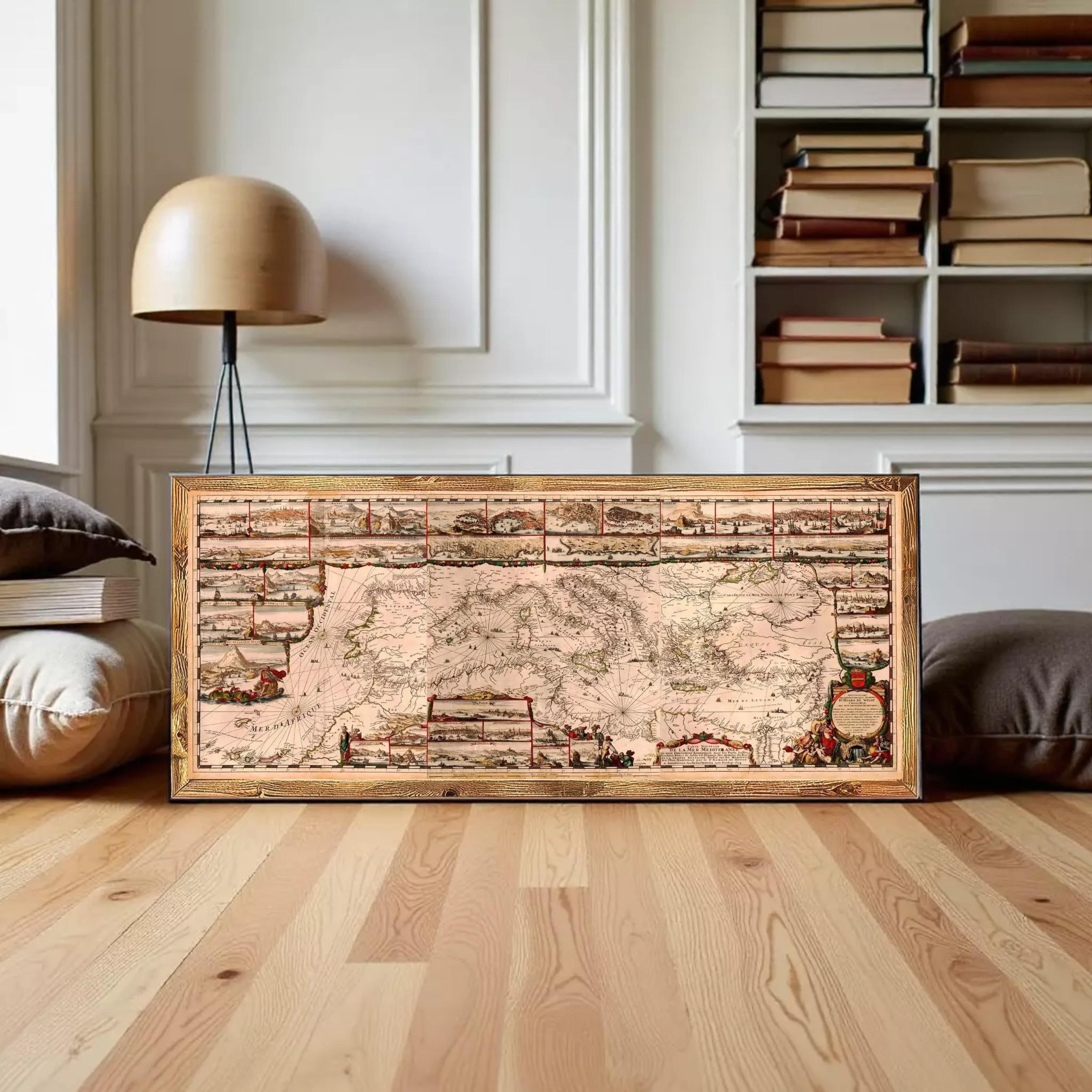 The image is a framed map of Europe, with a wooden frame and a vintage appearance.