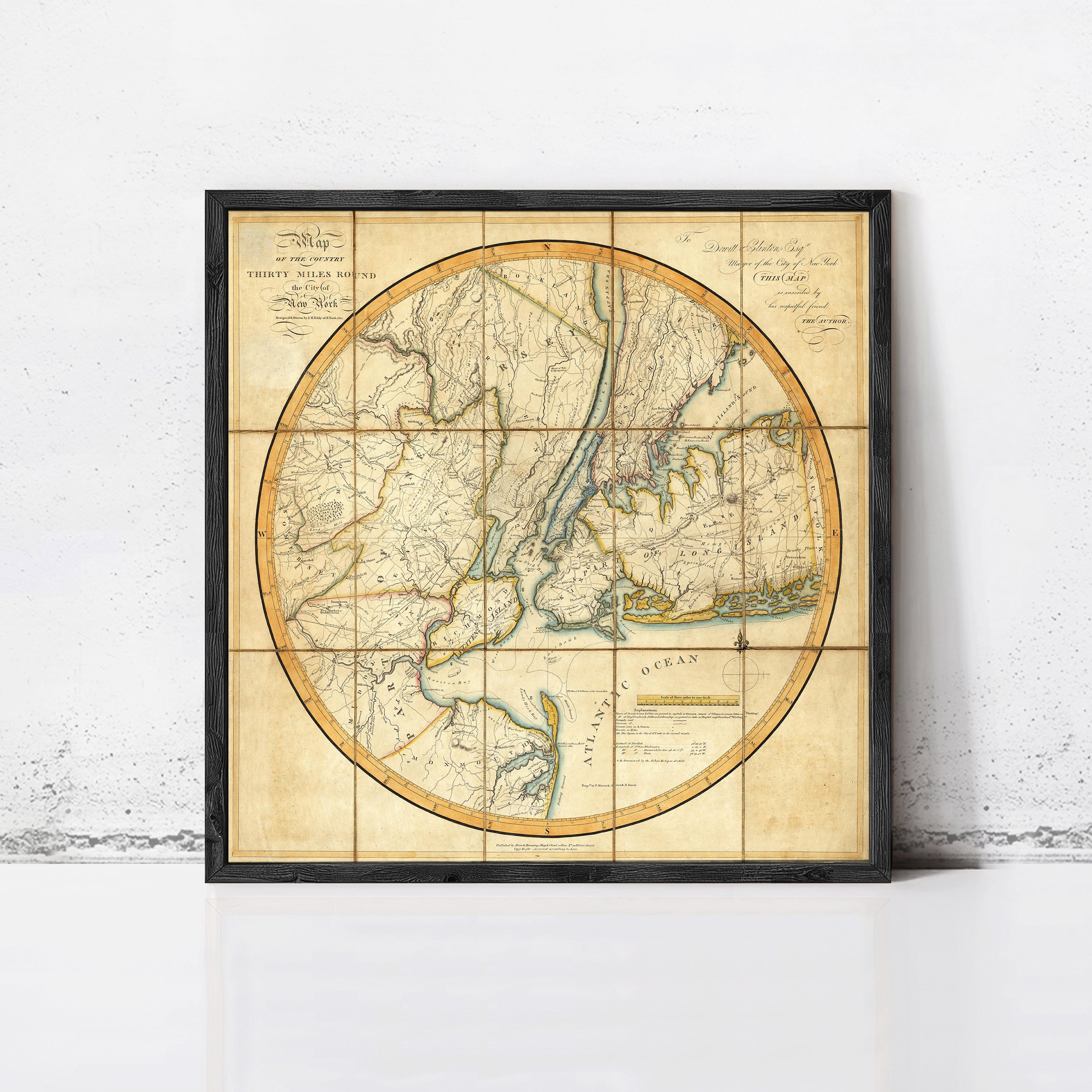The image is a framed vintage map of the eastern United States and parts of Canada, depicting the region in a detailed and intricate manner.