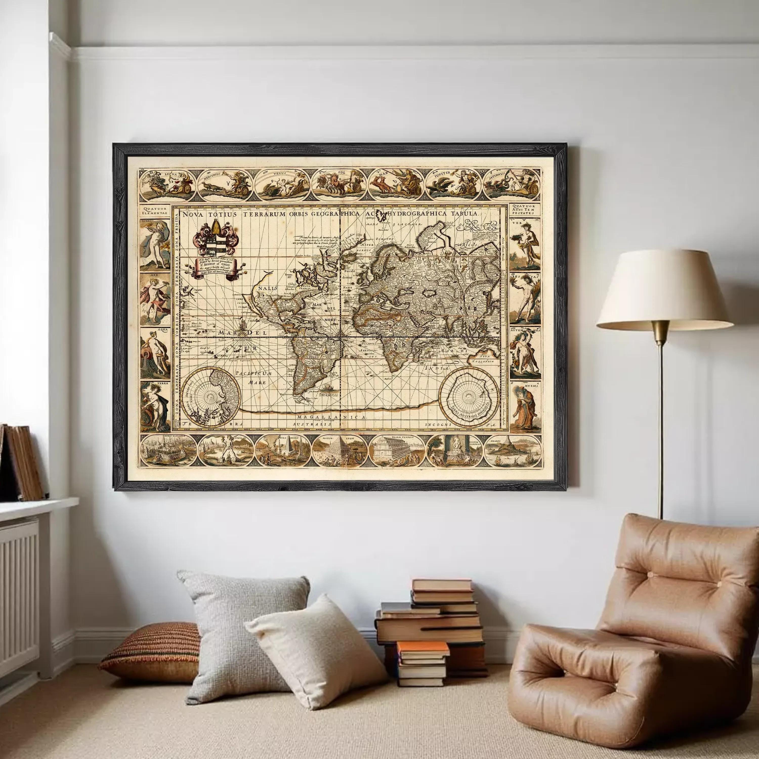 The image is a framed vintage map of the world, featuring intricate illustrations and detailed cartography.