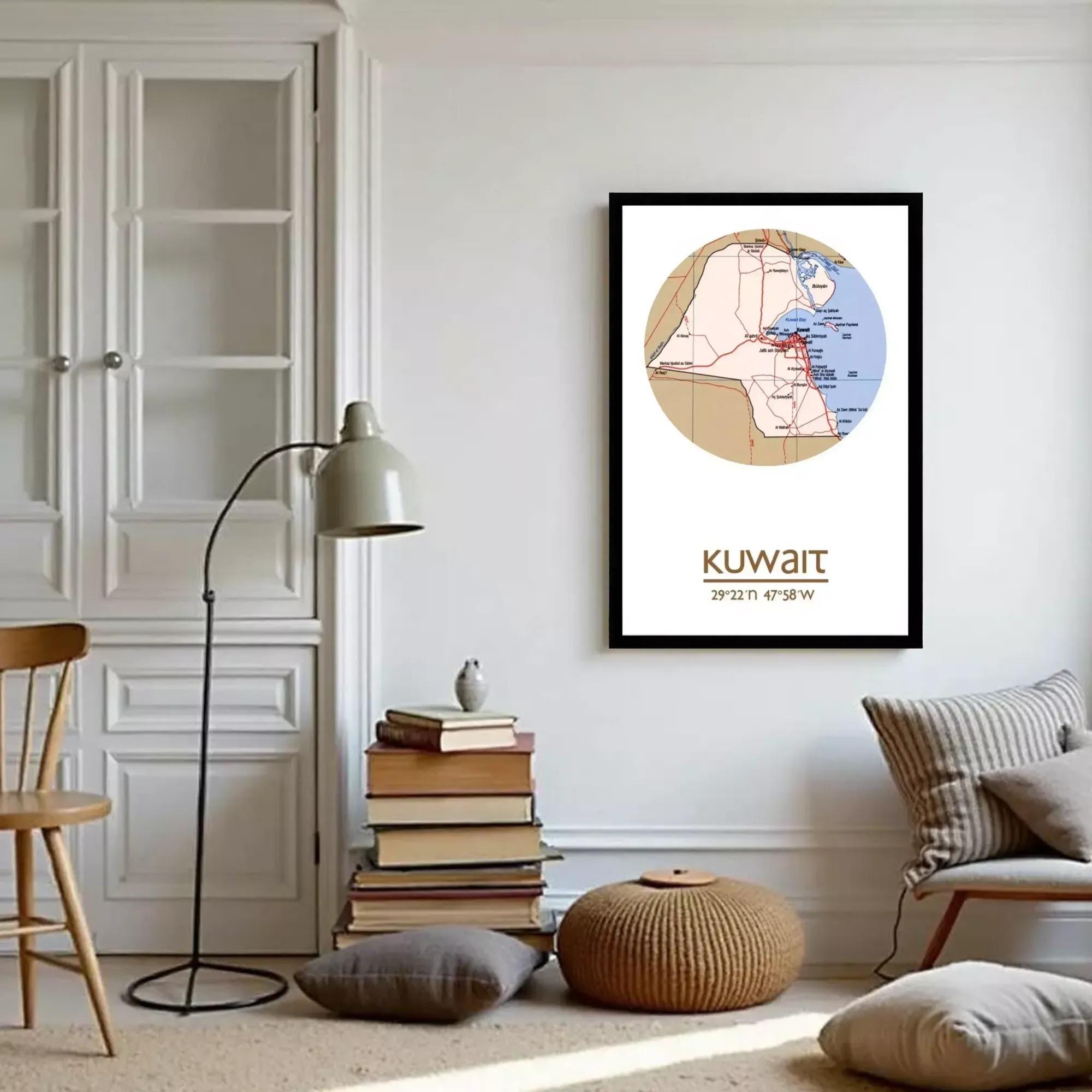 A framed map of Kuwait, with the country's location and surrounding areas clearly visible.