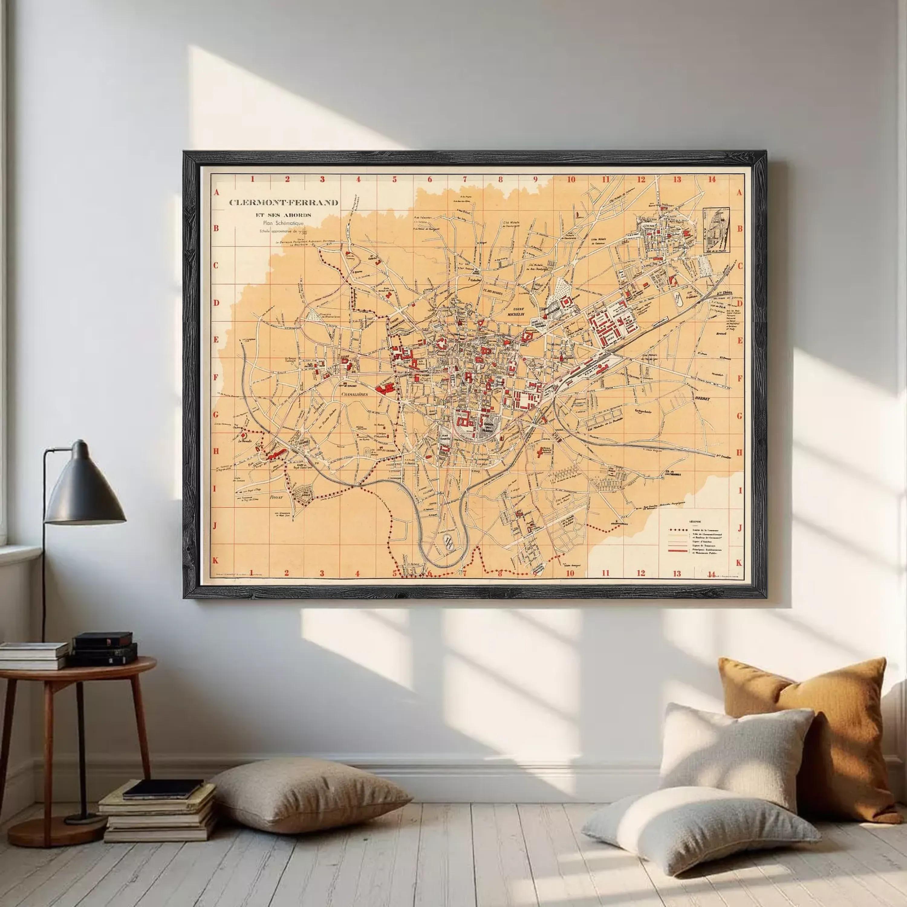 The image is a framed vintage map of a city, likely from the 19th century, with a grid-like layout and various landmarks and streets labeled.
