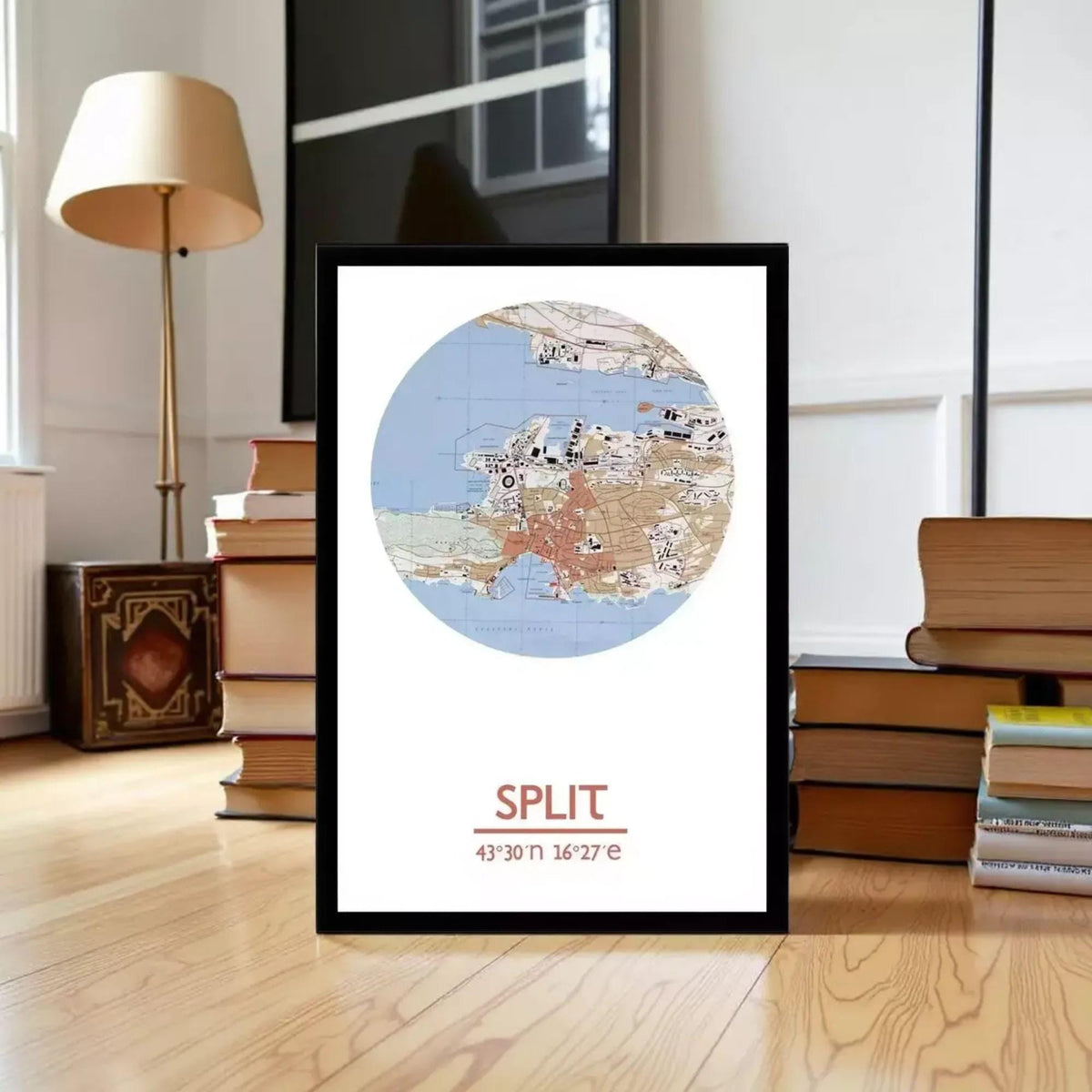A framed map of Split, Croatia, with the text "SPLIT" and the coordinates "43°30'N 18°27'E" displayed on it.