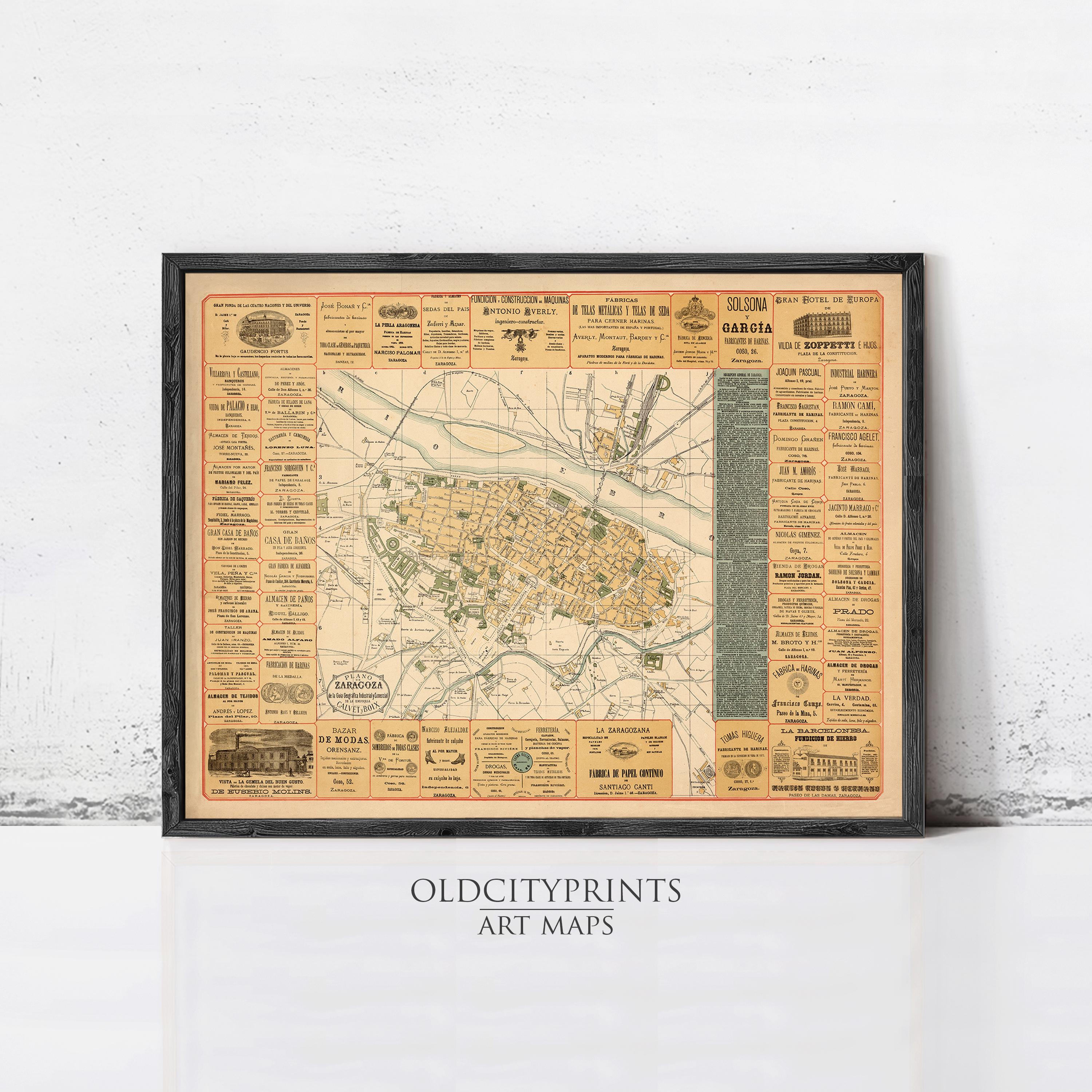 The image is a framed vintage map of a city, likely from the early 20th century, with various labels and details indicating different locations and landmarks within the city.