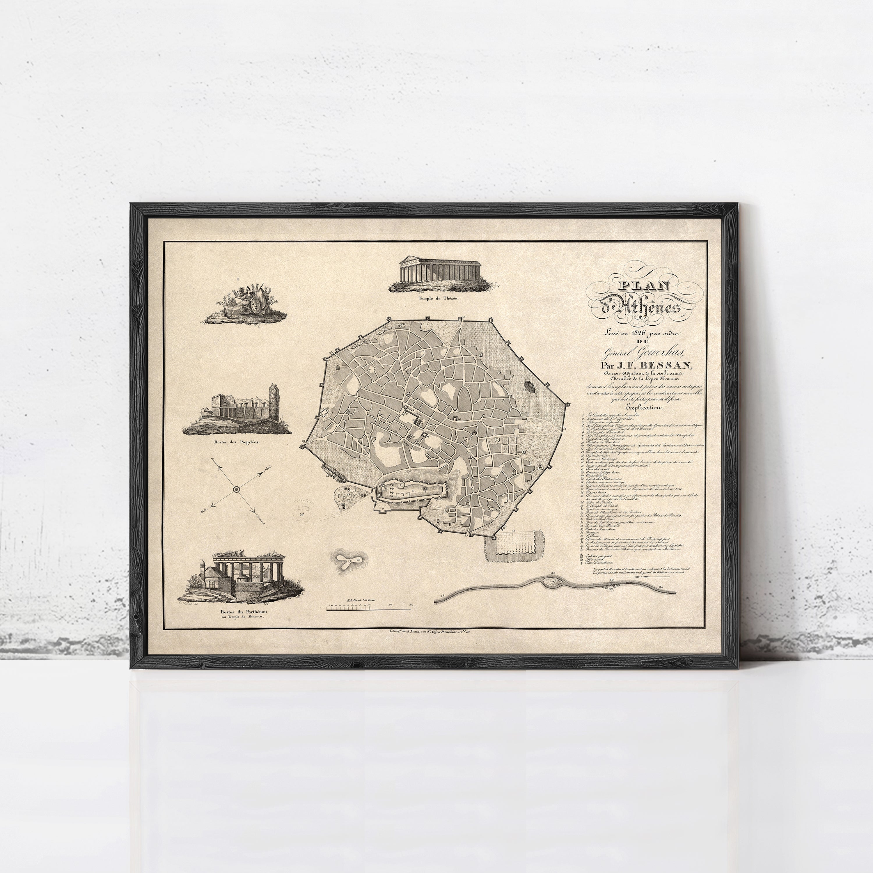 The image is a framed vintage map of Athens, Greece, depicting various landmarks and locations within the city.