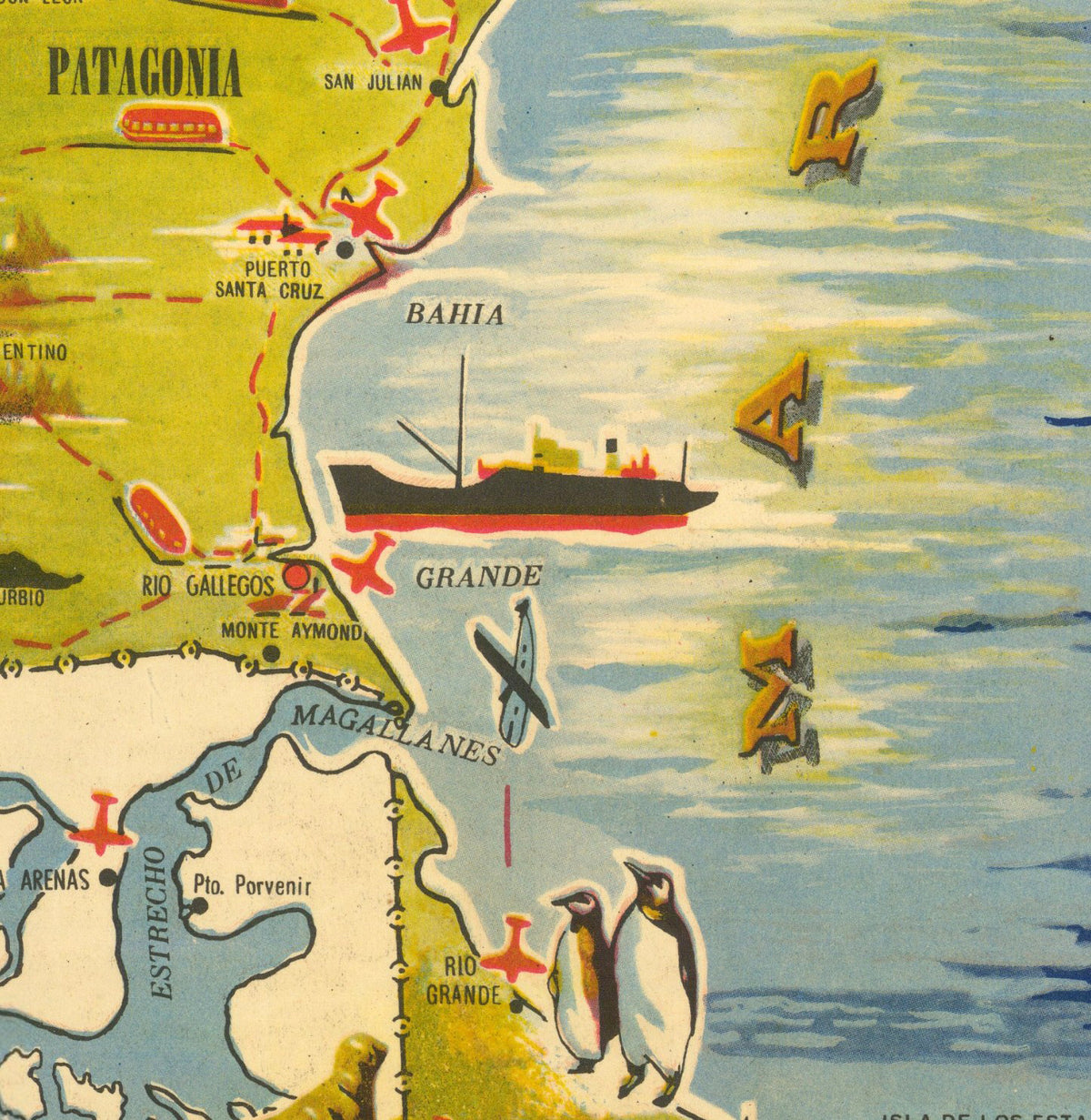 The image is a colorful map of Patagonia, Argentina, depicting various landmarks and locations such as the Grande, Magdalanes, and San Julián.