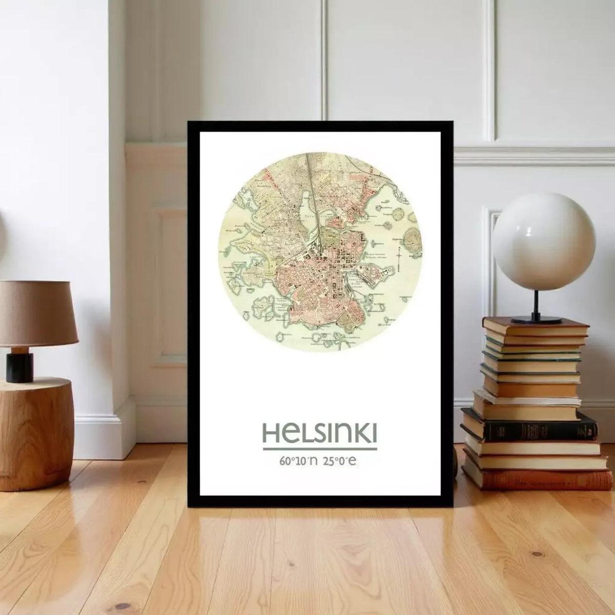 A framed map of Helsinki, Finland, with the city's name displayed below the map.