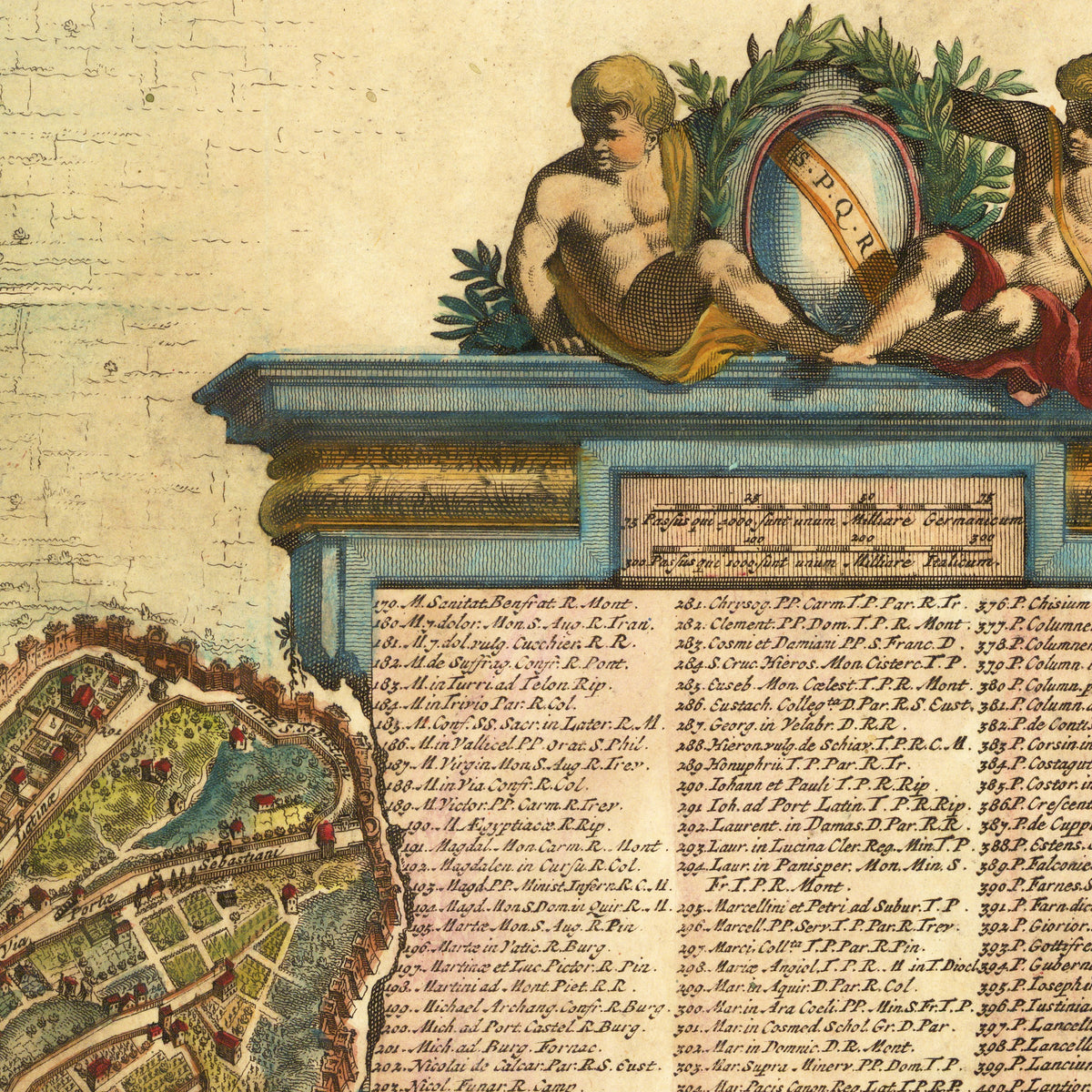 The image is a detailed map of a city, featuring various landmarks and streets. The map is surrounded by a decorative border and includes a list of names and descriptions of the different elements within the city.