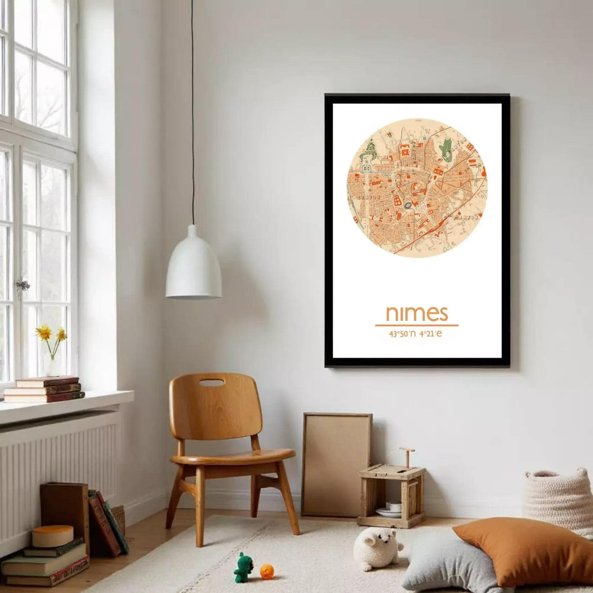 a cozy living room with a wooden chair, a pendant light, and a framed map of Nimes, a city in France.