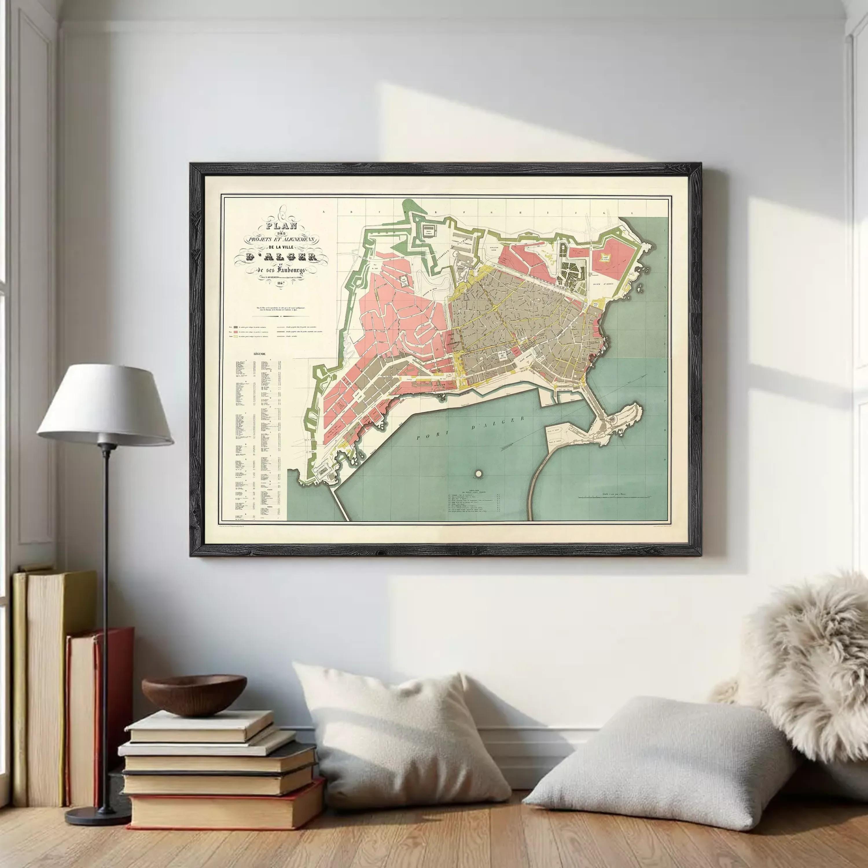 The image is a framed map of a city, likely Venice, with a detailed layout of streets, buildings, and surrounding areas.