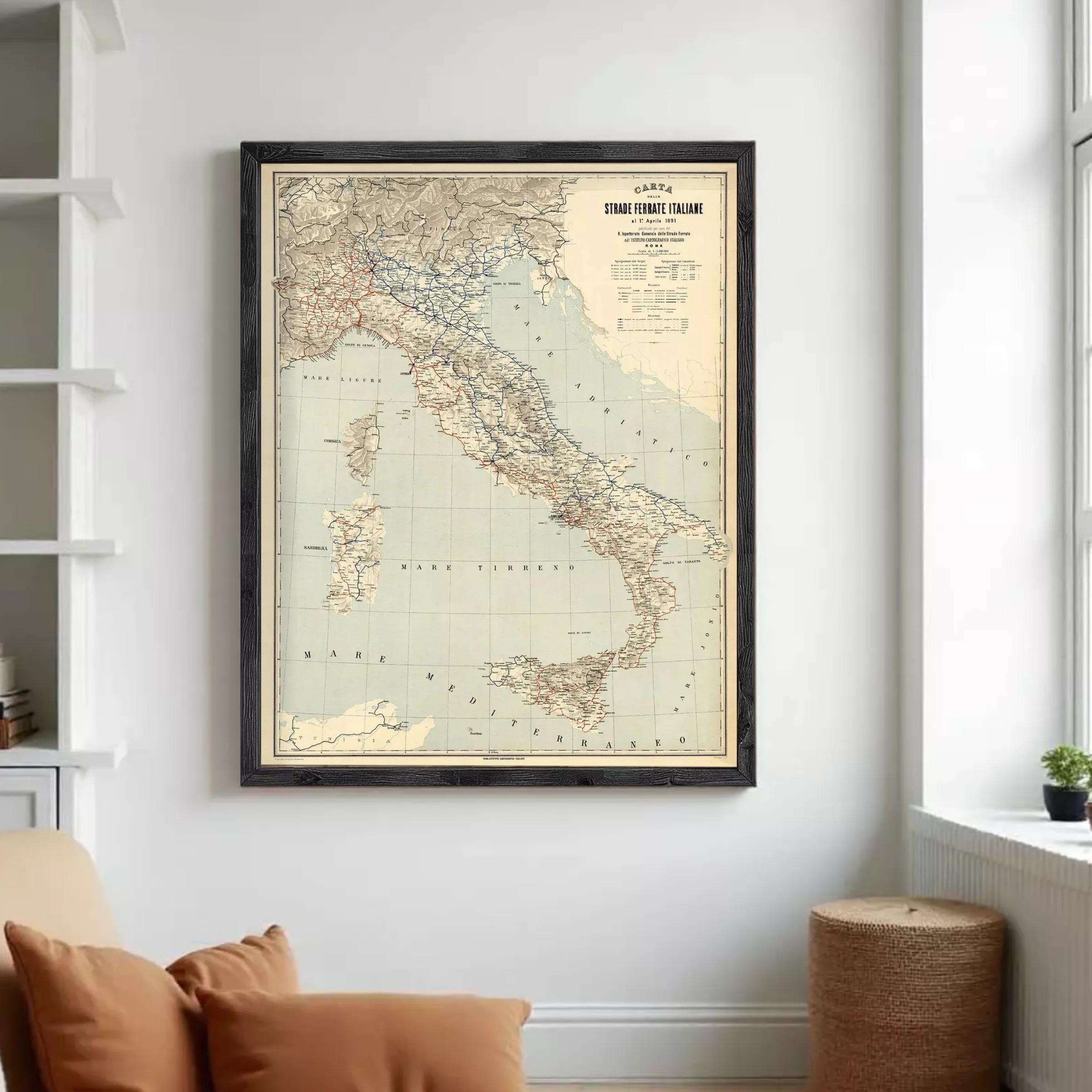 The image is a framed vintage map of Italy, showing the country's geographical layout and surrounding areas.