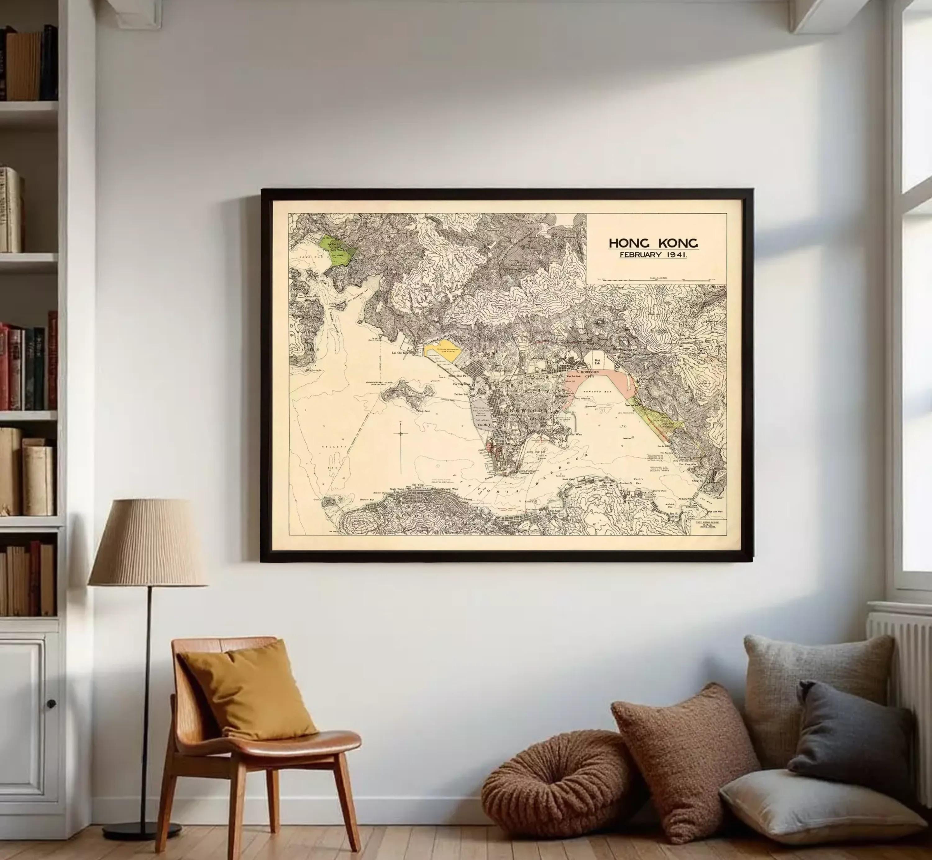 The image is a framed map of Hong Kong from February 1884.
