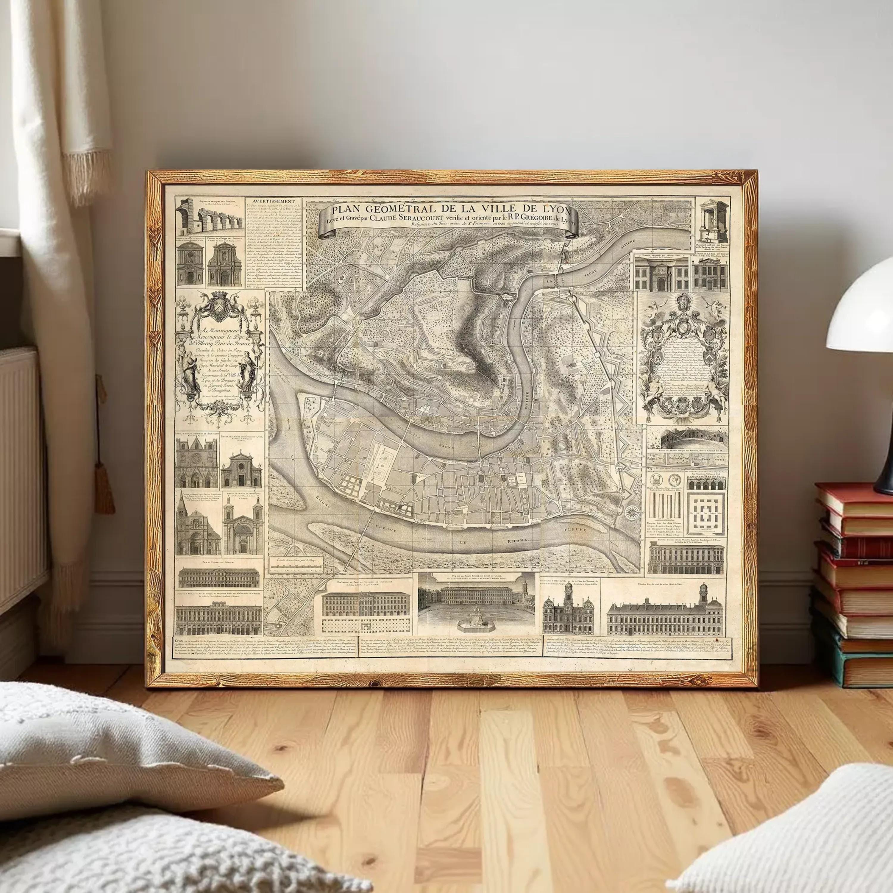 The image is a framed antique map of Paris, France, depicting the city's layout and surrounding areas.