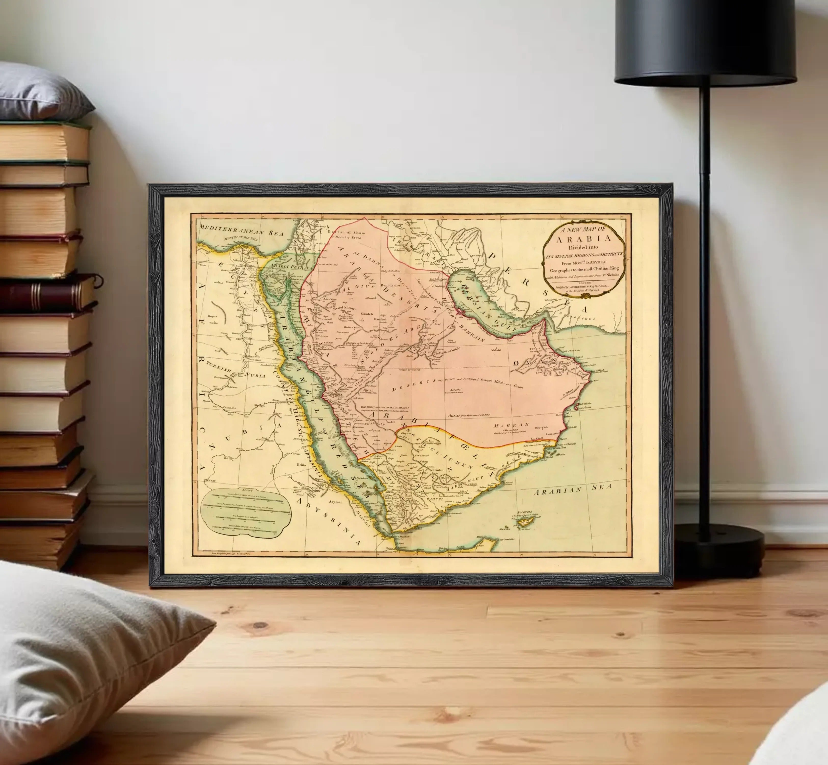 The image is a framed vintage map of the Middle East and North Africa region, depicting the countries and their borders.