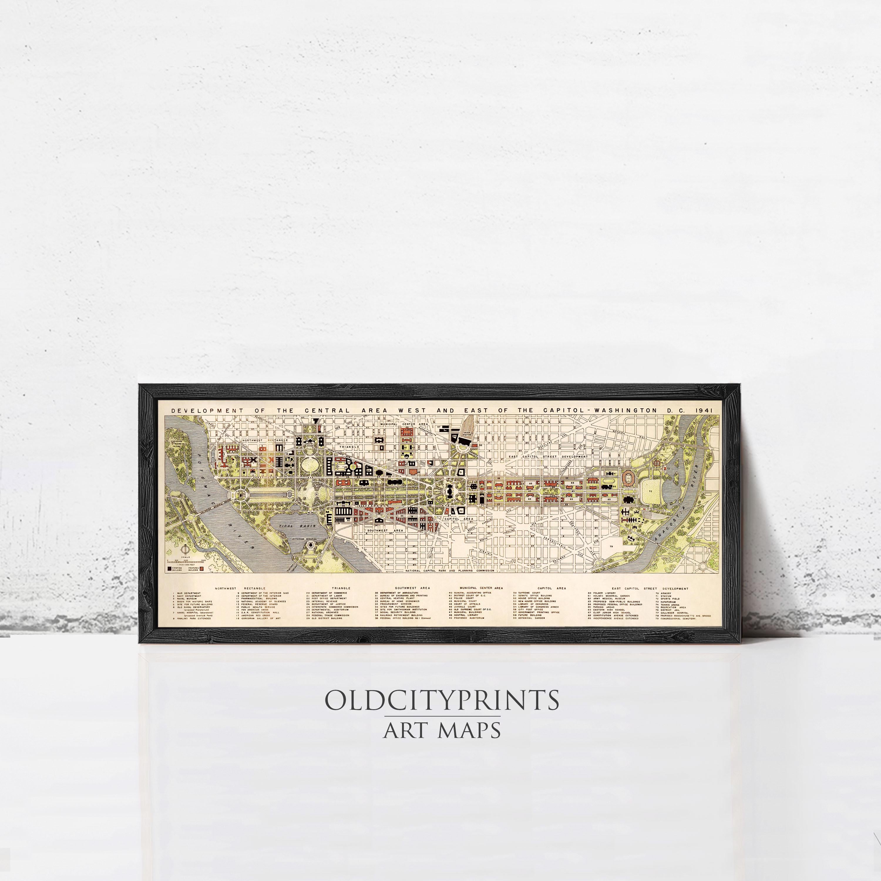 The image is a framed art map titled "DEVELOPMENT OF THE CENTRAL AREA WEST AND PLANT OF THE CITIZEN'S WEST" from the year 1944.