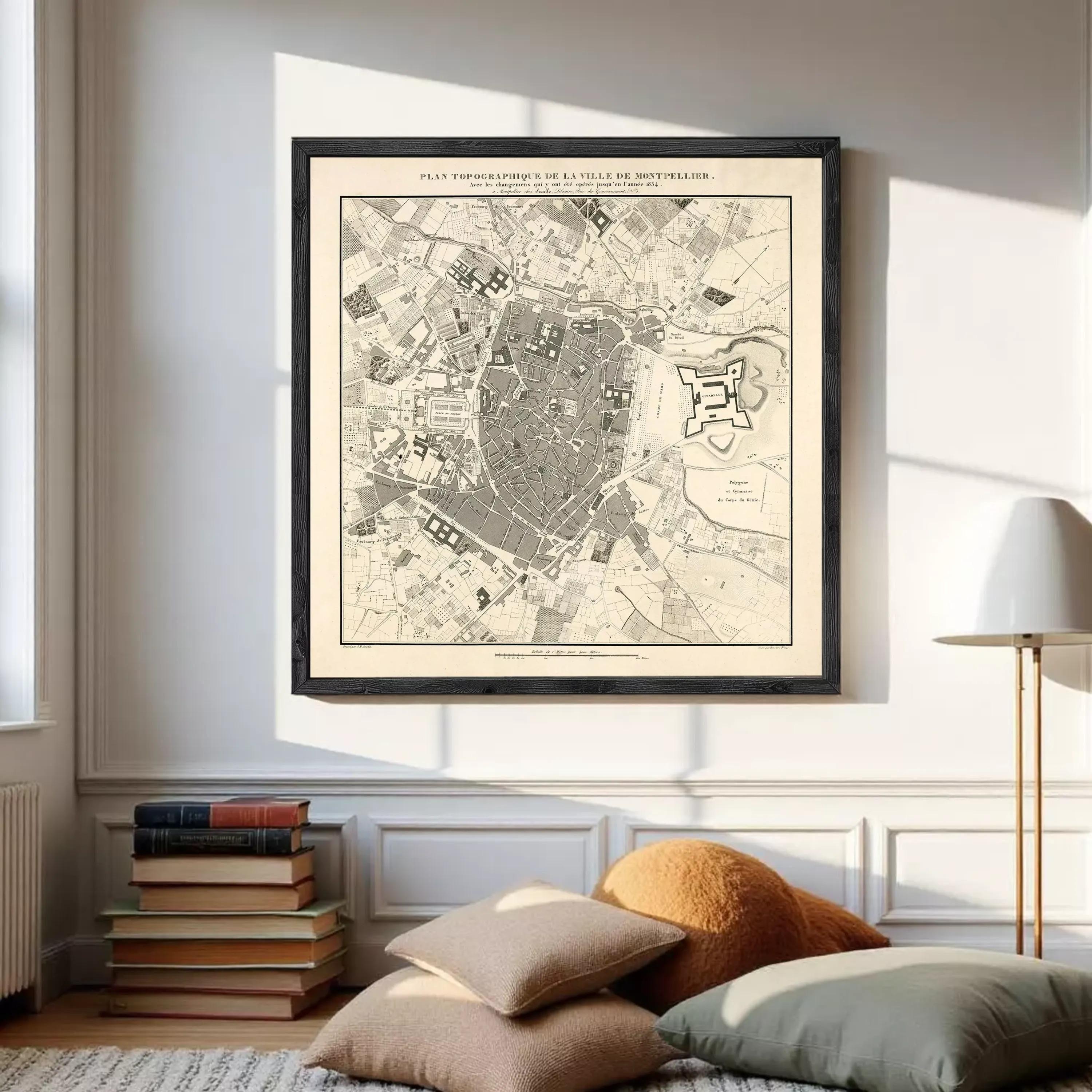 The image is a framed map of a city, depicting various landmarks and streets.