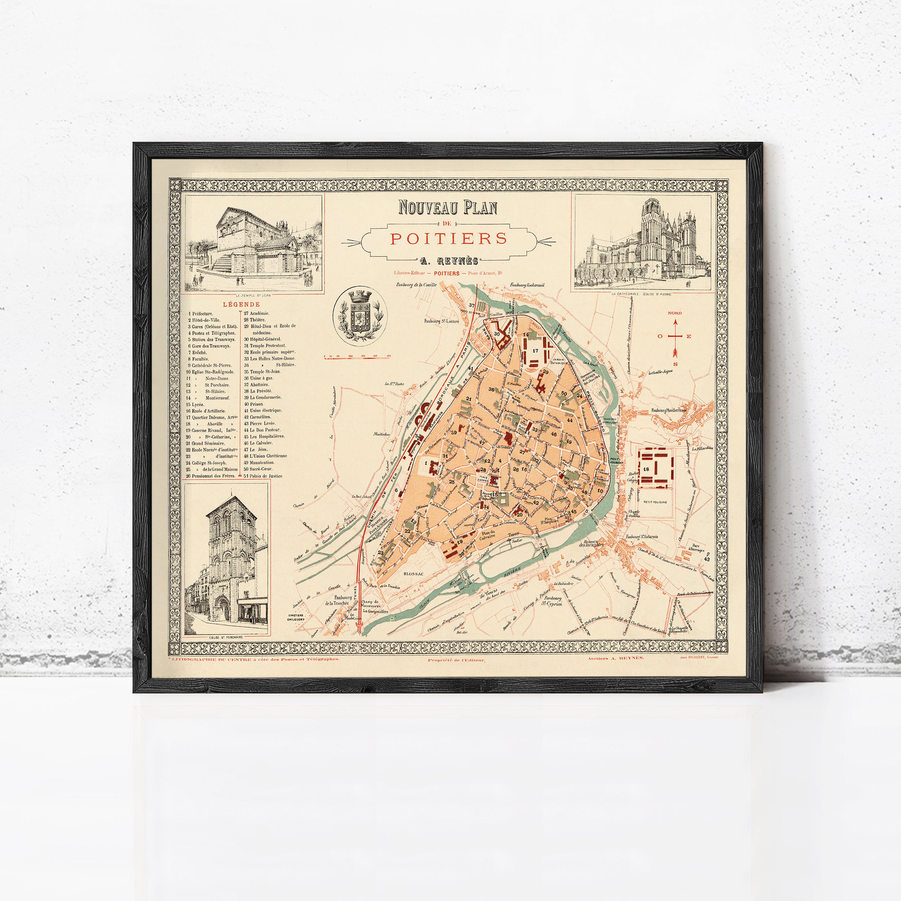 The image is a framed vintage map of the city of Poitiers, France, depicting the layout and various landmarks within the city.