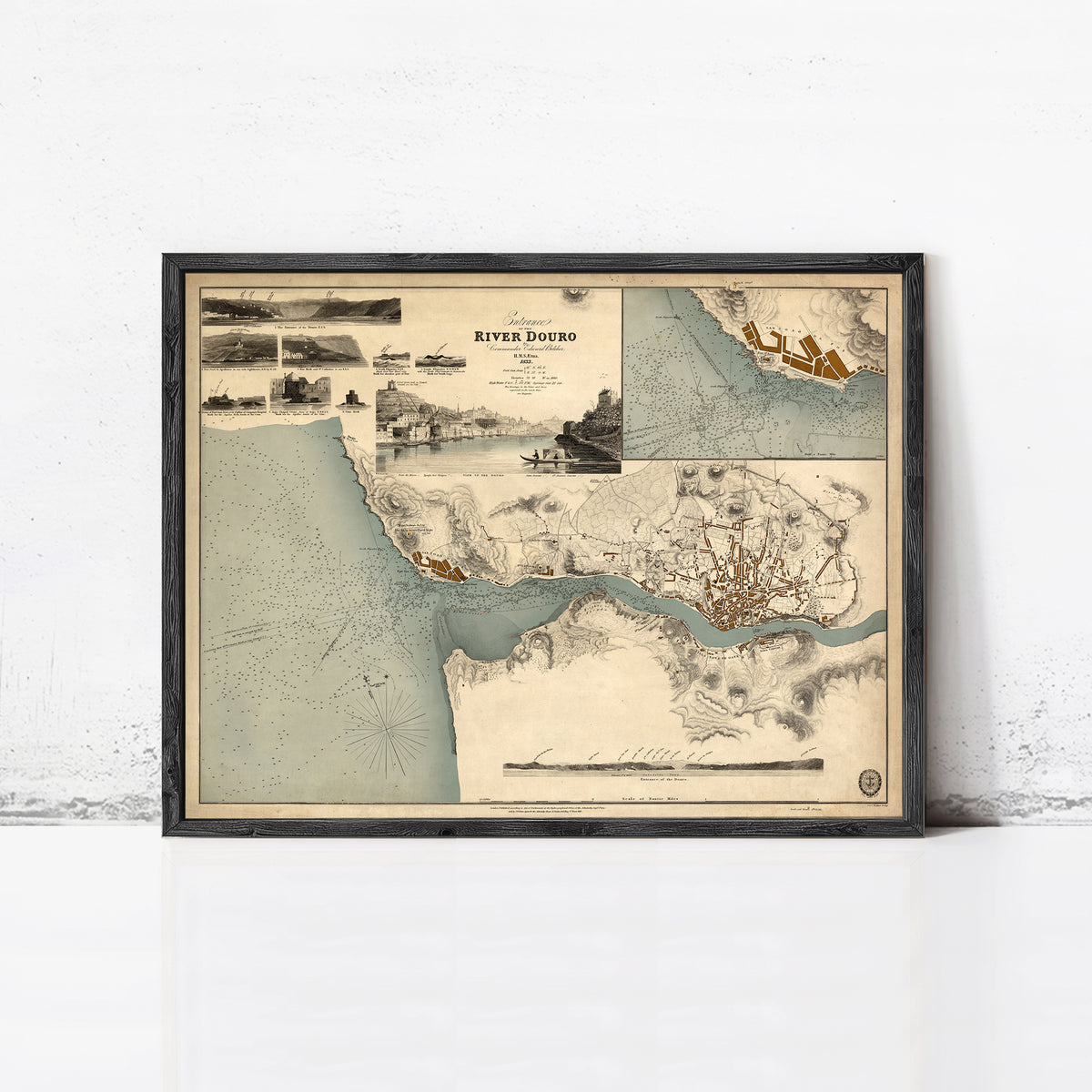 The image is a framed vintage map of the River Duro, depicting various geographical features and landmarks.