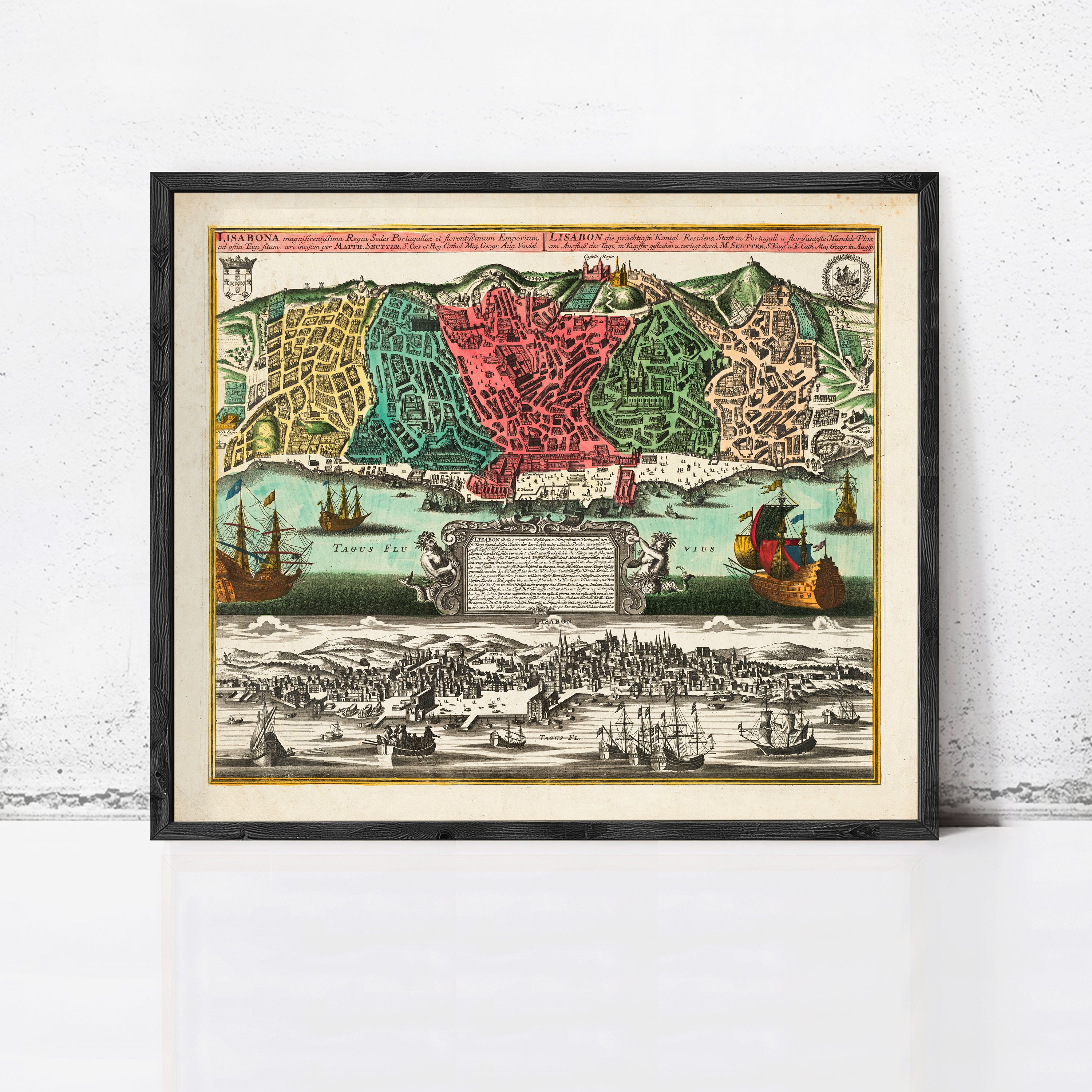 The image is a framed vintage map of a city, depicting various landmarks and ships.
