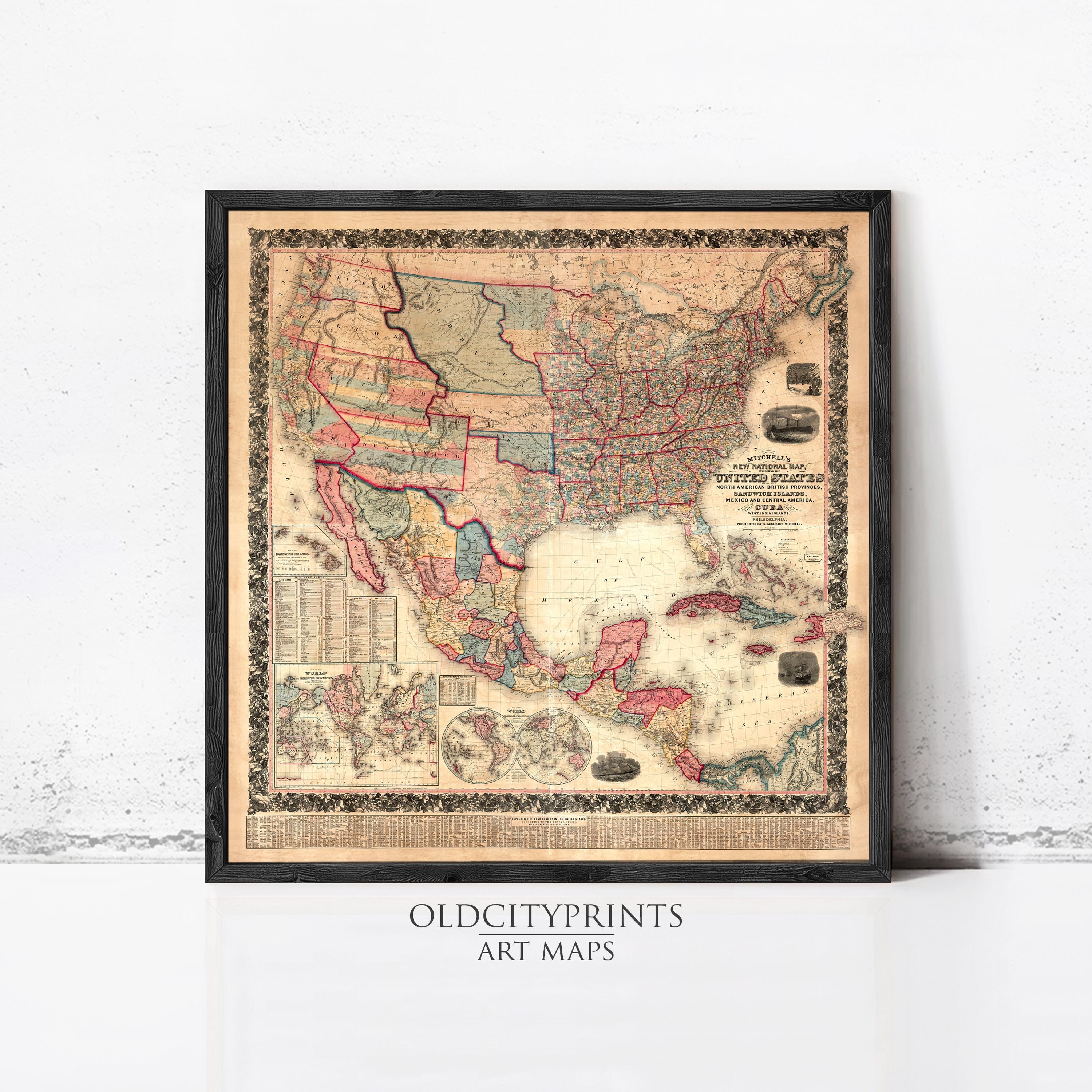 The image is a framed antique map of the United States and Mexico, depicting the geographical layout and boundaries of the two countries.