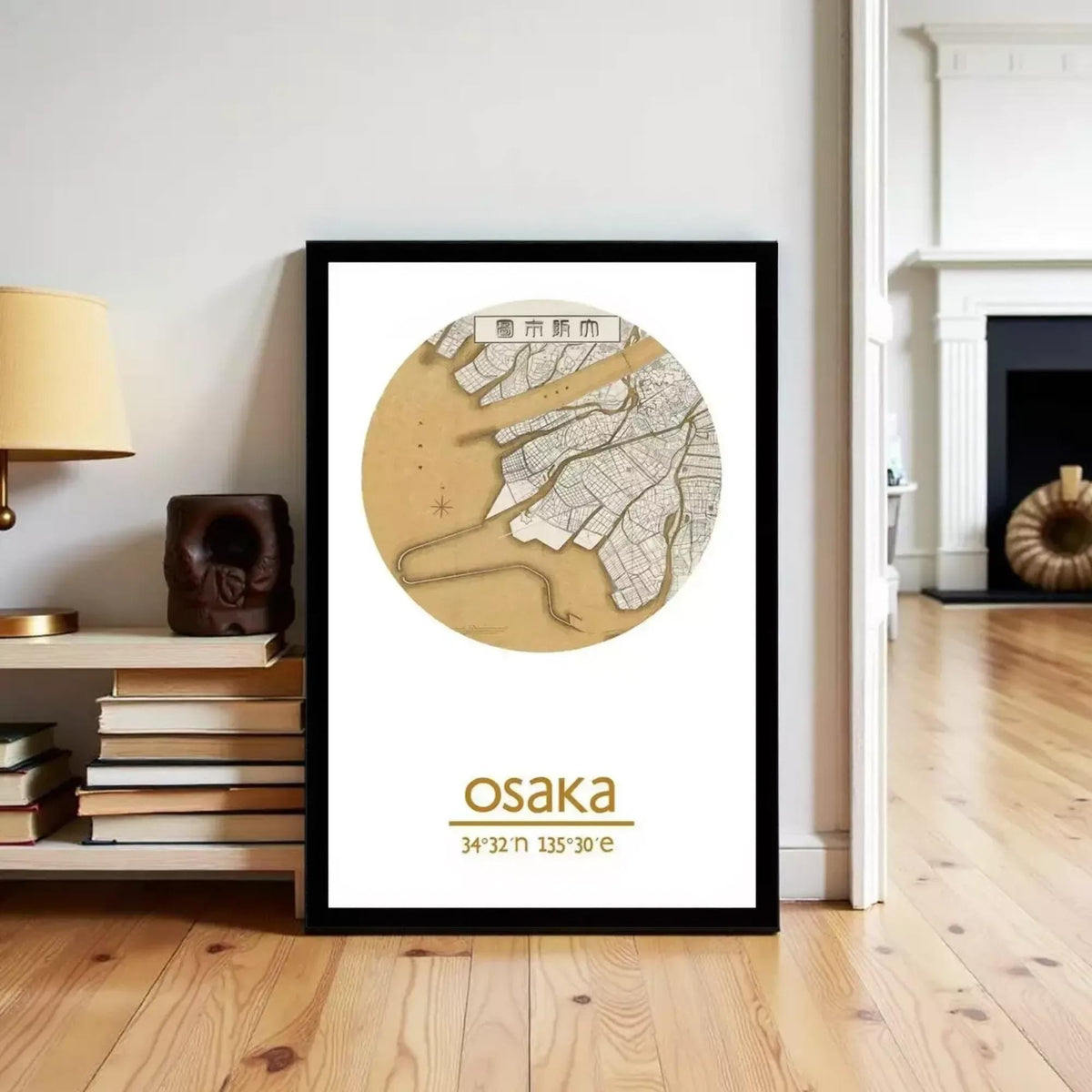A framed map of Osaka, Japan, with the city's name and location prominently displayed.