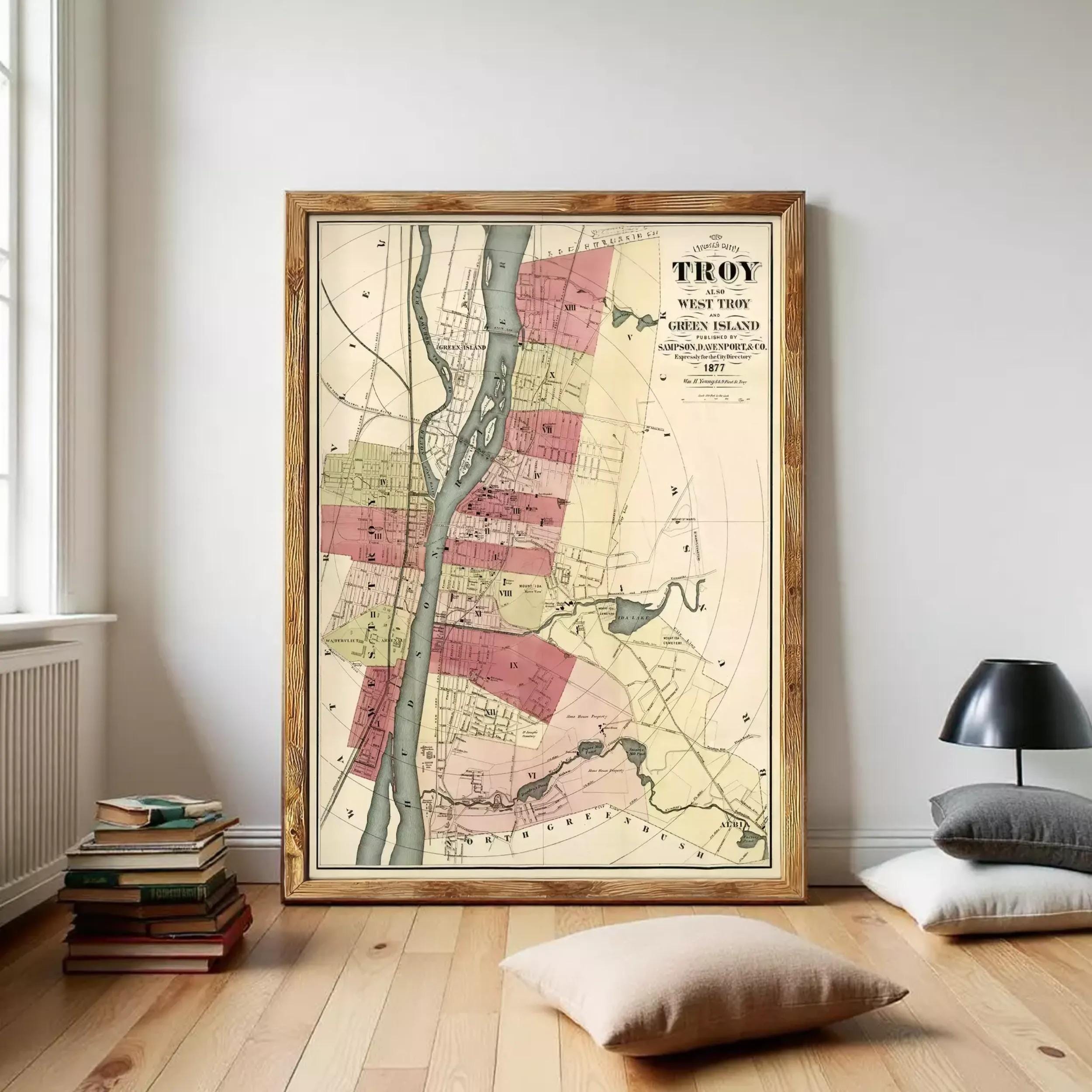 The image is a framed map of Troy, West Troy, and Green Valley, Pennsylvania, dated 1877.