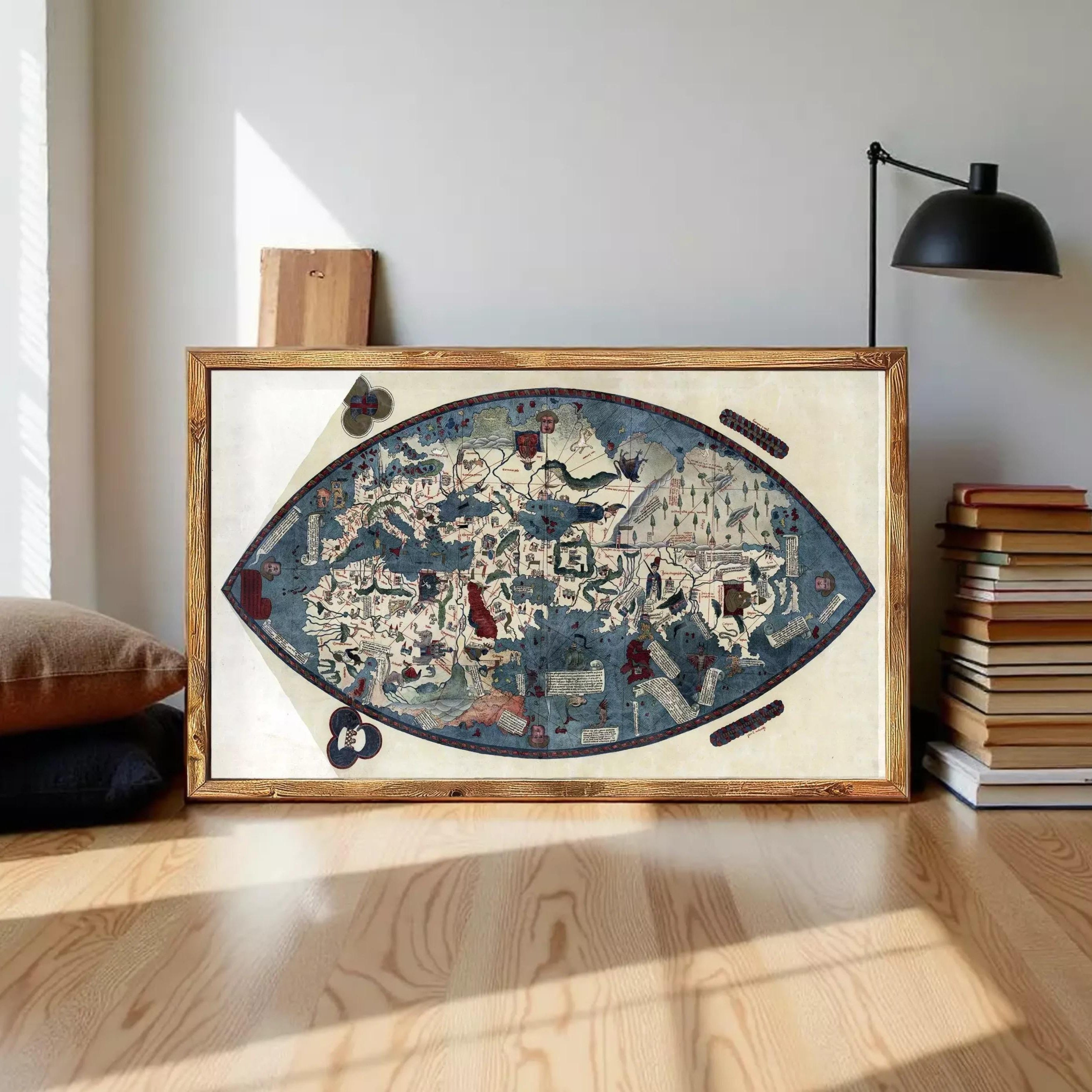 The image is a framed map of the world, depicting various landmarks and geographical features.