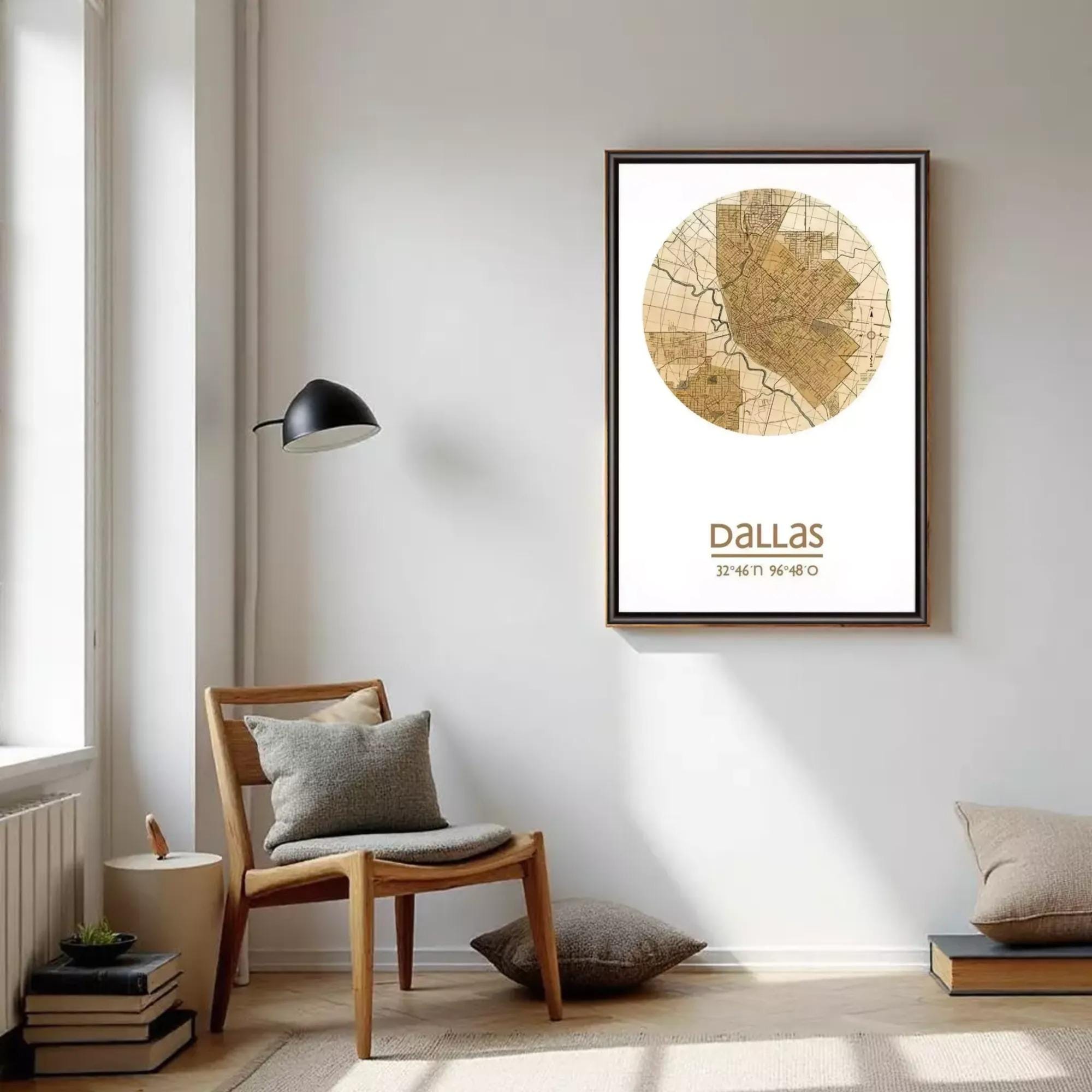 a cozy living room with a wooden chair, a lamp, and a framed map of Dallas hanging on the wall.