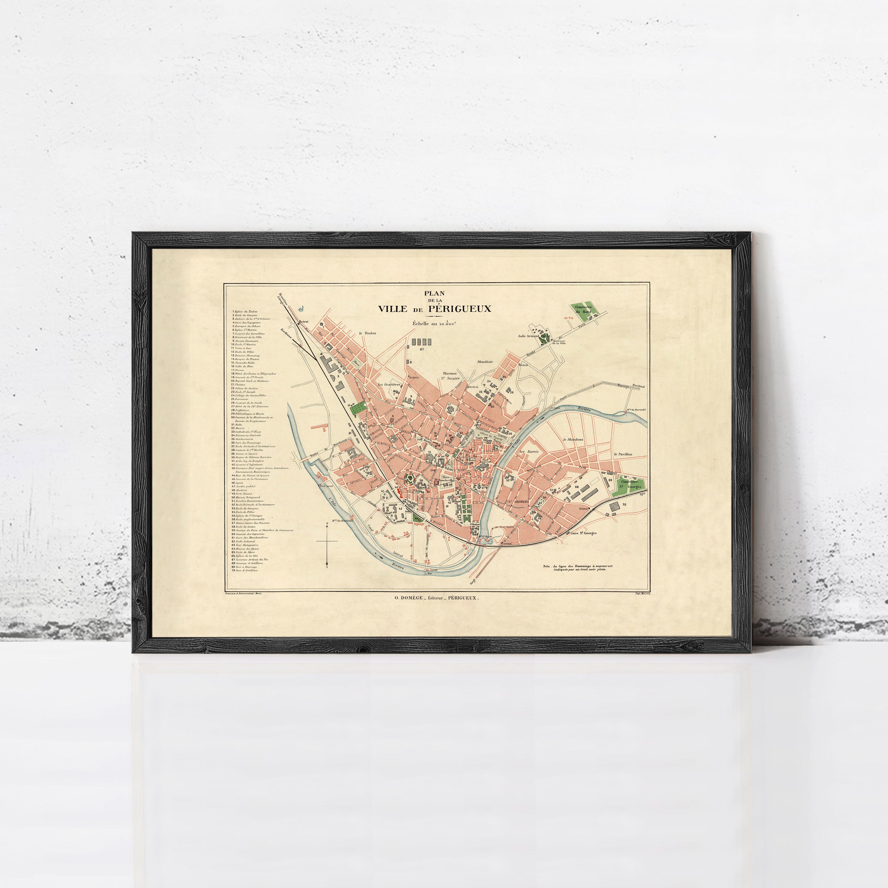 The image is a framed vintage map of the village of Peredoux, France, depicting the layout and surrounding areas.