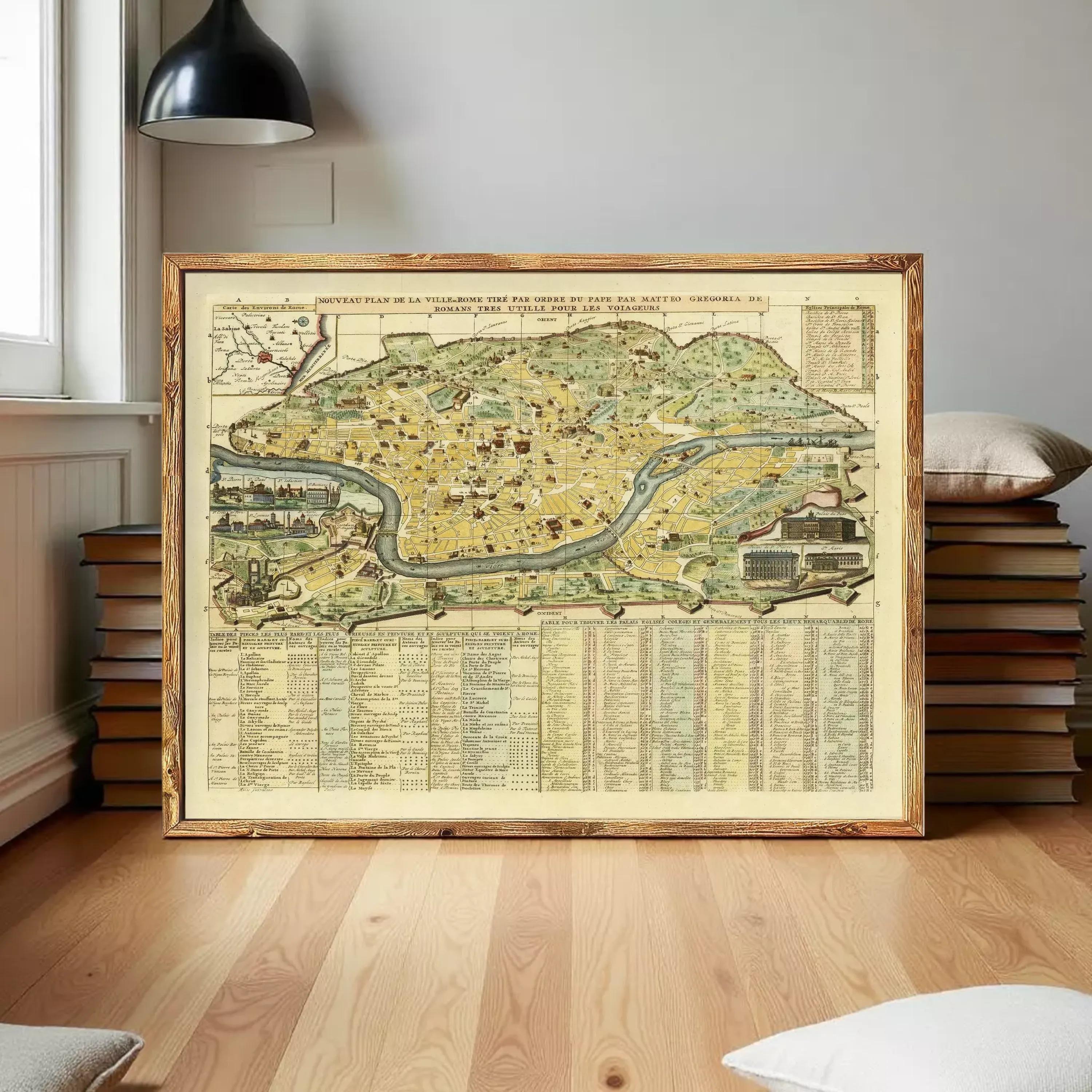 a large framed map of a city or region, with a wooden frame and a wooden floor. The map appears to be a detailed historical or geographical map, with various labels and markings. There are also several books stacked behind the map, suggesting a focus on historical or geographical information.