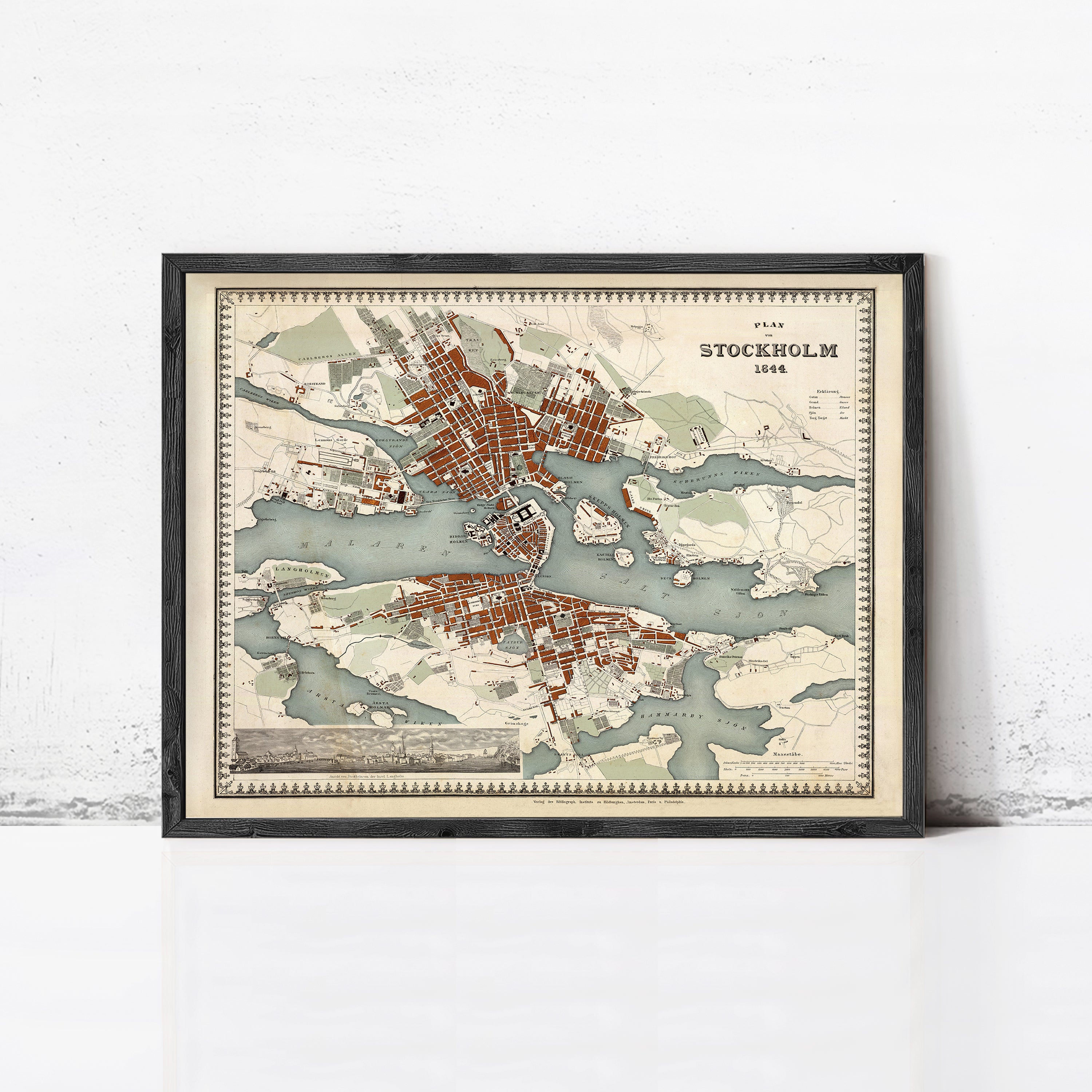 The image is a framed vintage map of Stockholm, Sweden, depicting the city's layout and surrounding waterways.